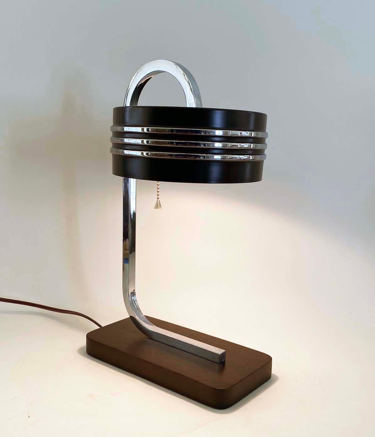 Rare Gilbert Rohde Machine Age Chrome, Enamel and Wood Desk or Table Lamp For Sale 8
