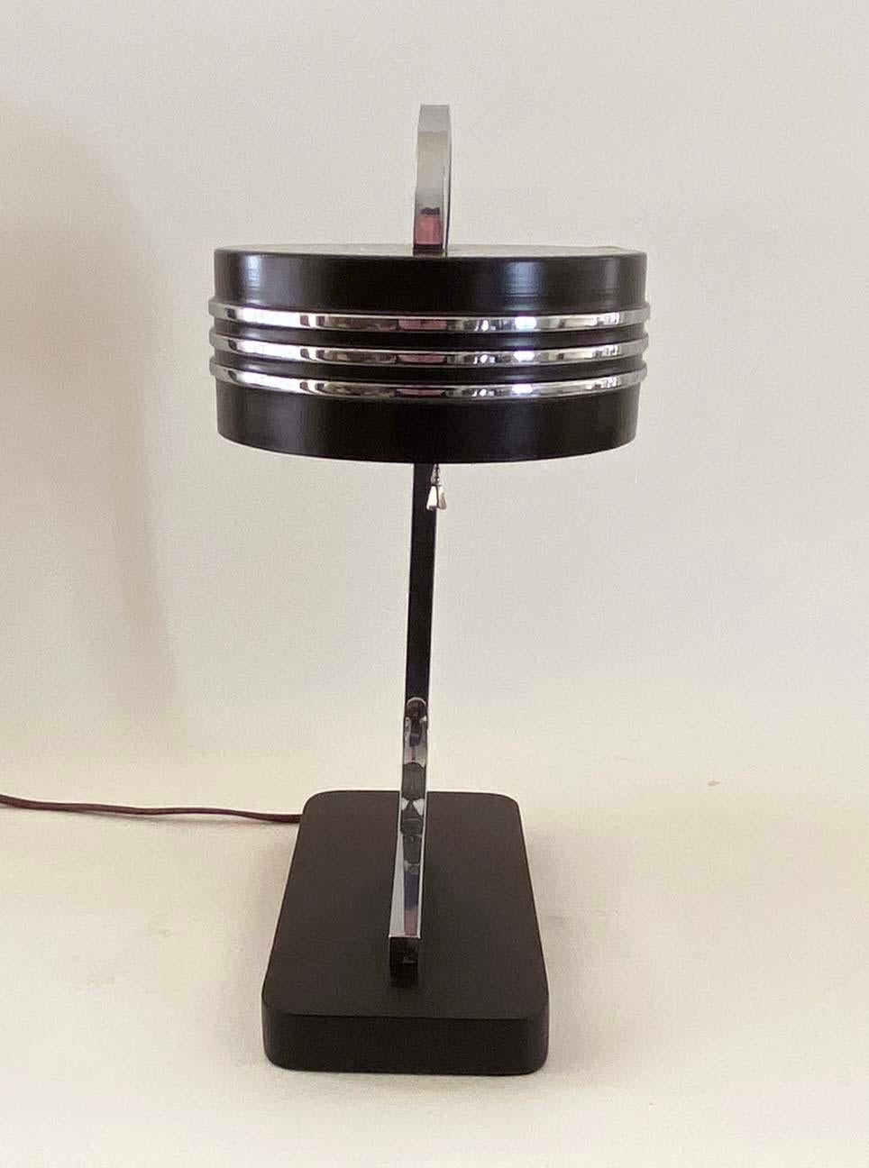Rare Gilbert Rohde Machine Age Chrome, Enamel and Wood Desk or Table Lamp For Sale 2