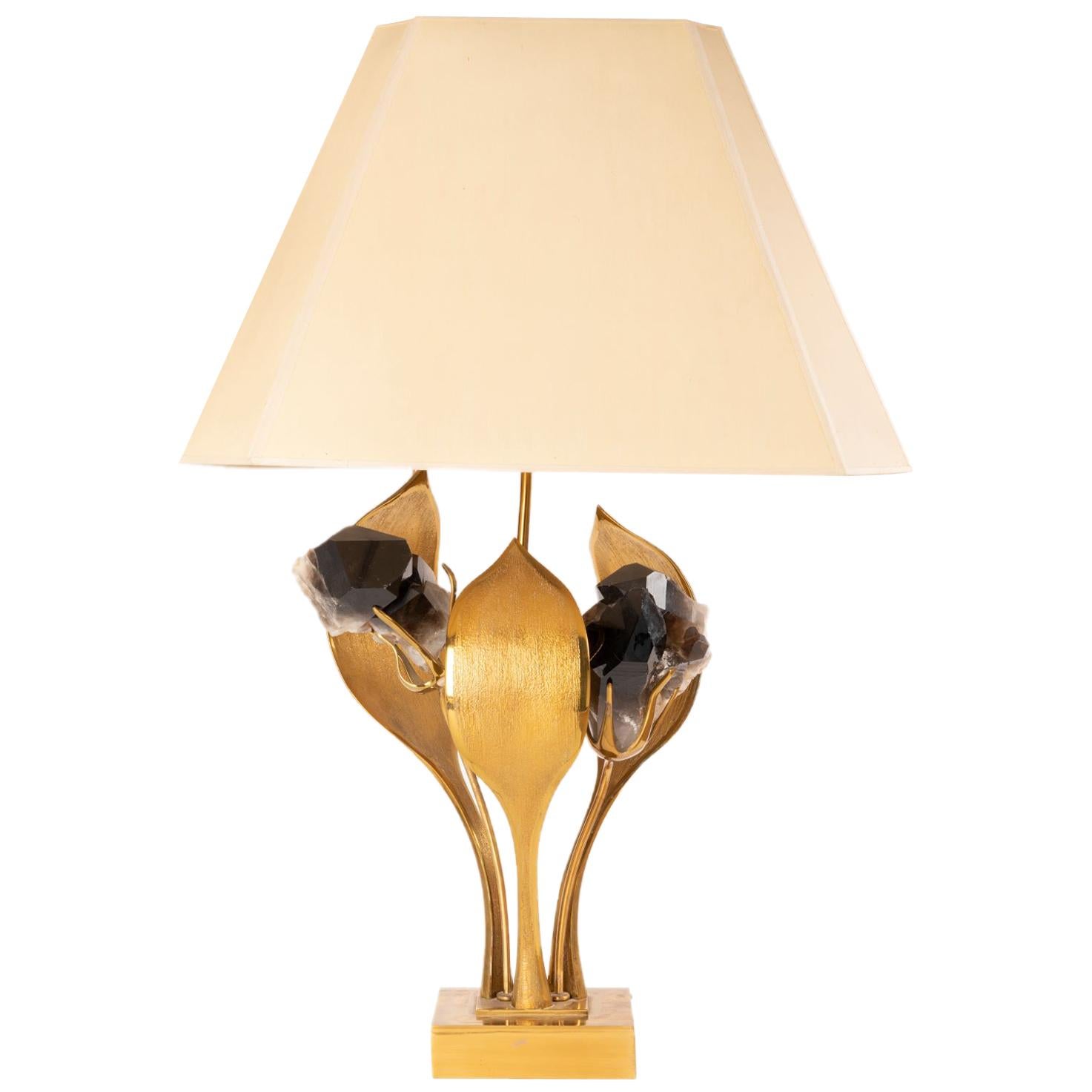 Rare Gilded Brass and Black Quartz "Flower" Lamp by Willy Daro, France, 1970s For Sale