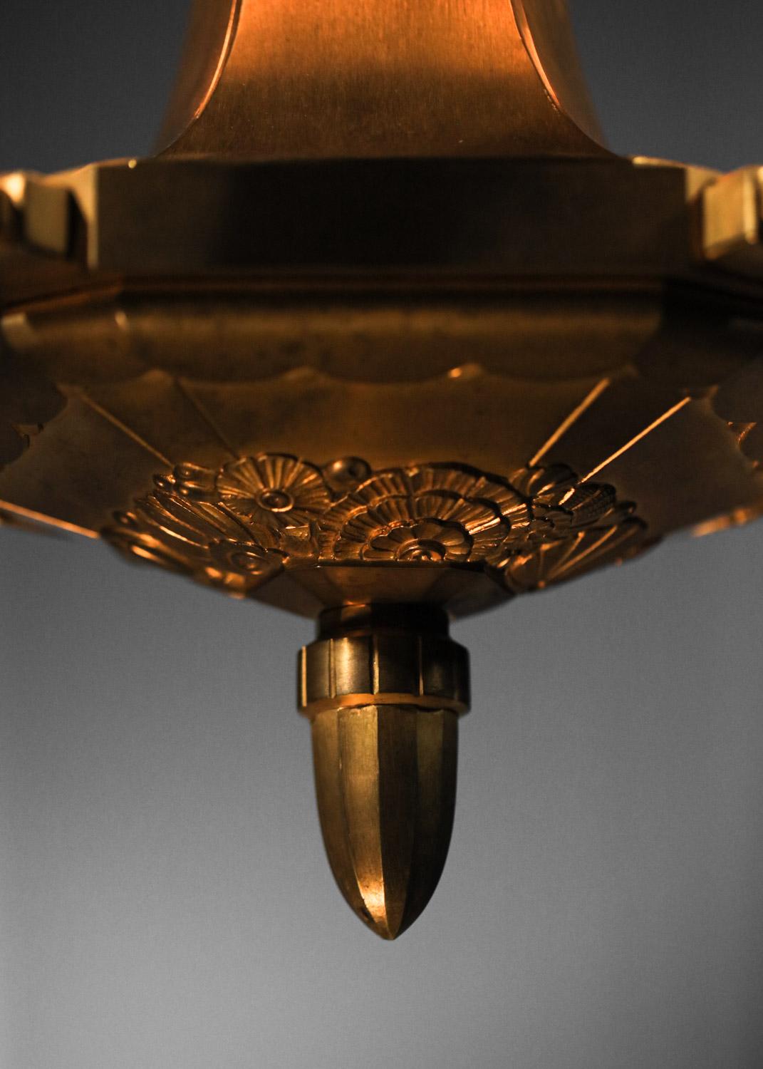 rare gilded bronze art deco chandelier signed J.Coduré Lyon 1930s art nouveau  For Sale 7