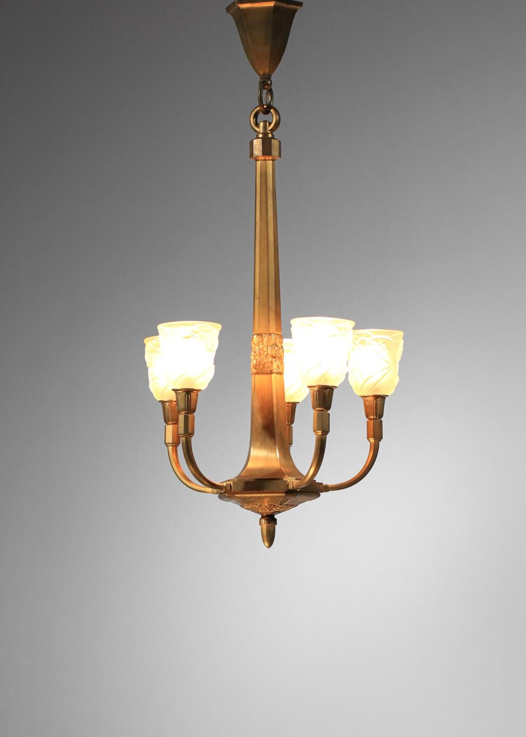 rare gilded bronze art deco chandelier signed J.Coduré Lyon 1930s art nouveau  For Sale 11