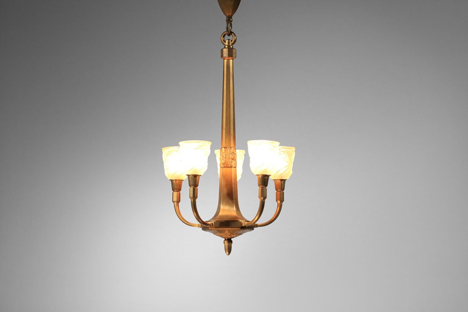 rare gilded bronze art deco chandelier signed J.Coduré Lyon 1930s art nouveau  For Sale 12