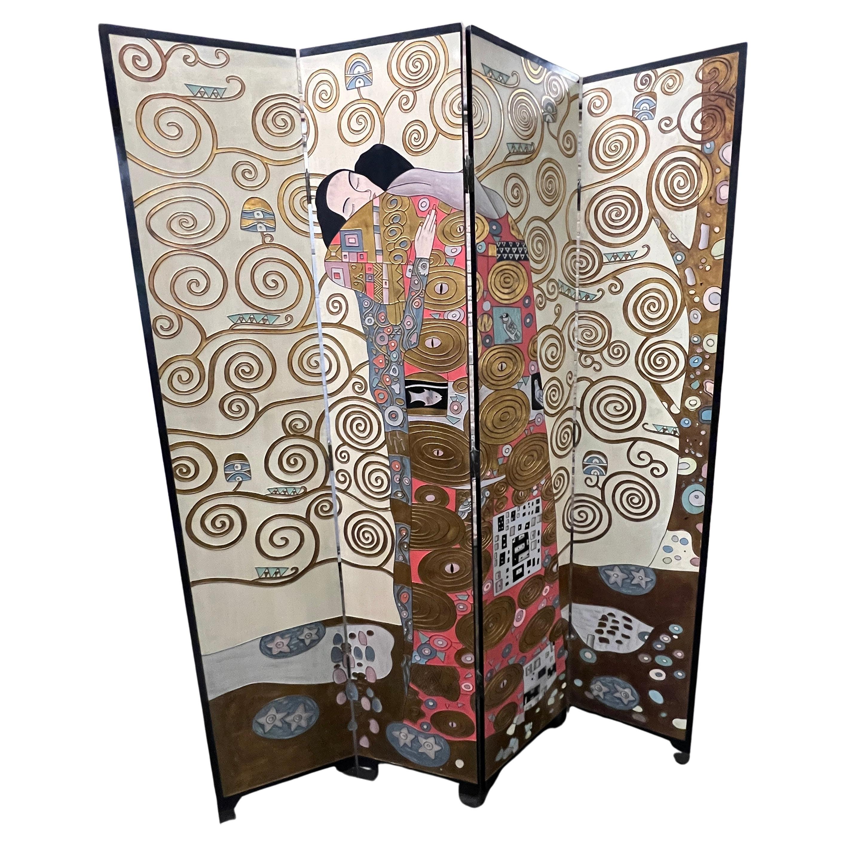 Rare Gilded Room Divider/Screen with Gustav Klimt's "The Embrace" For Sale