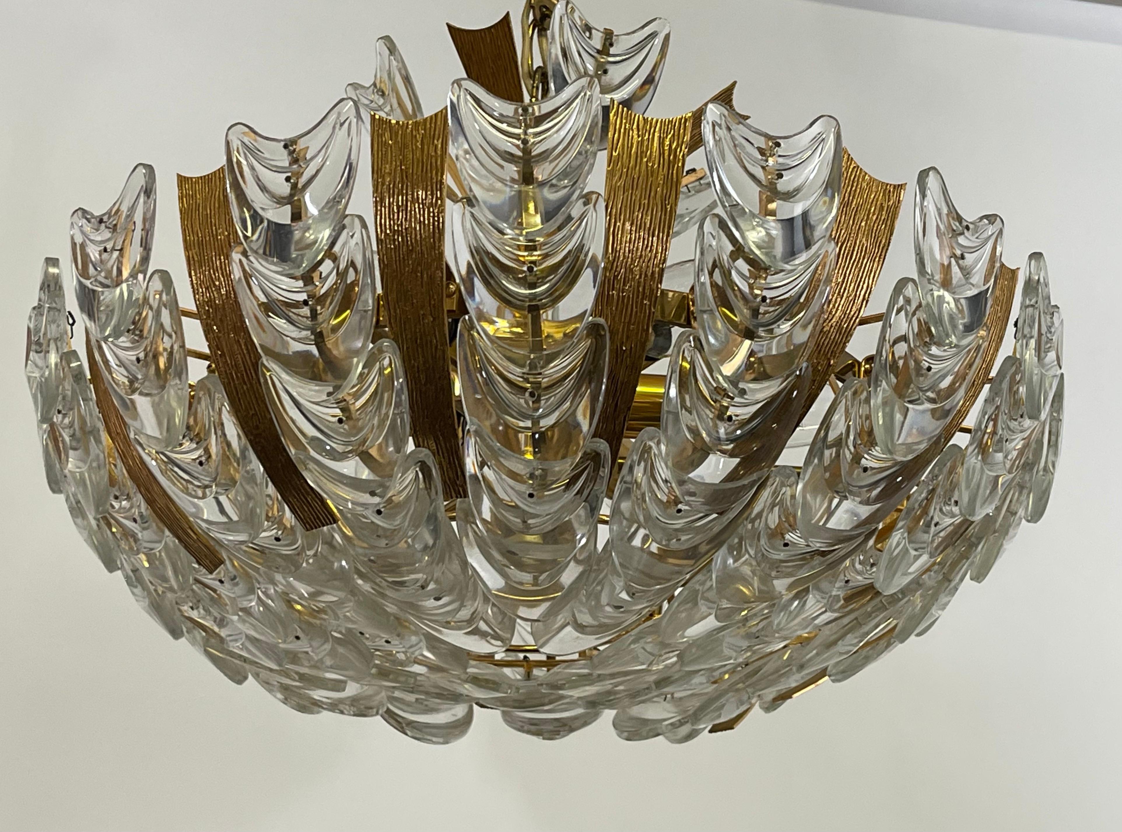 Mid-Century Modern Rare Gilt Brass and Glass Chandelier by Palwa, circa 1960s For Sale