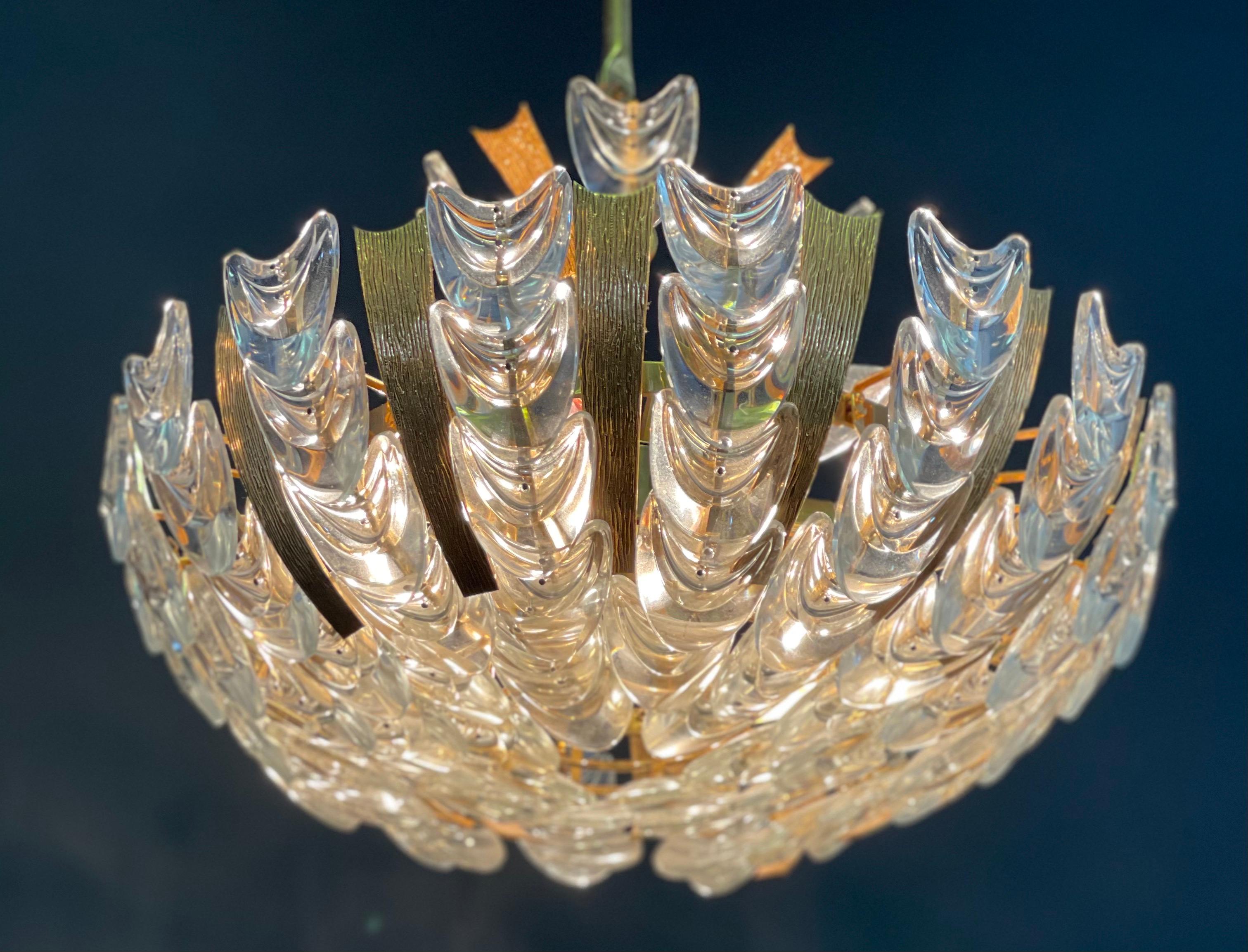 German Rare Gilt Brass and Glass Chandelier by Palwa, circa 1960s For Sale