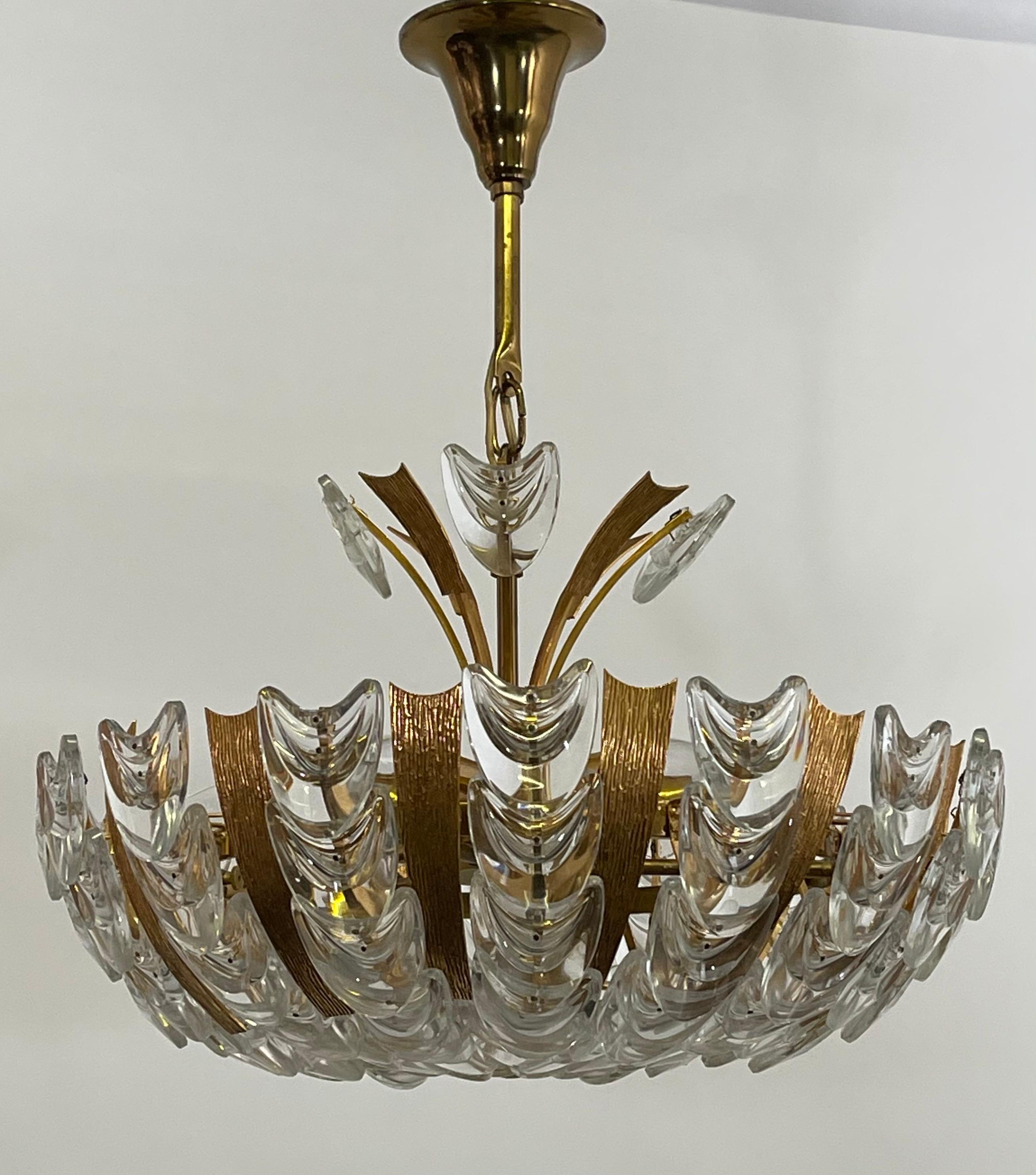 Rare Gilt Brass and Glass Chandelier by Palwa, circa 1960s In Good Condition For Sale In Wiesbaden, Hessen