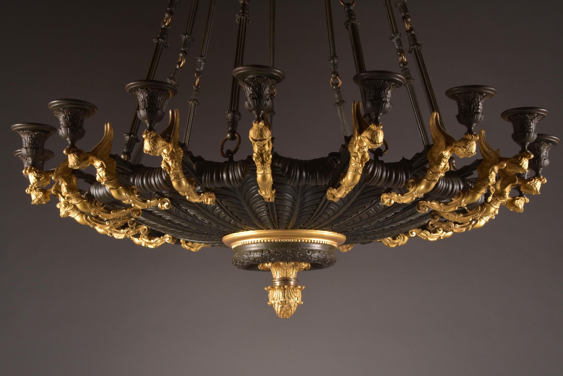 Rare Gilt Bronze Chandelier, Attributed to Galle, Charles X, 18-Light Arms, 1820 For Sale 5