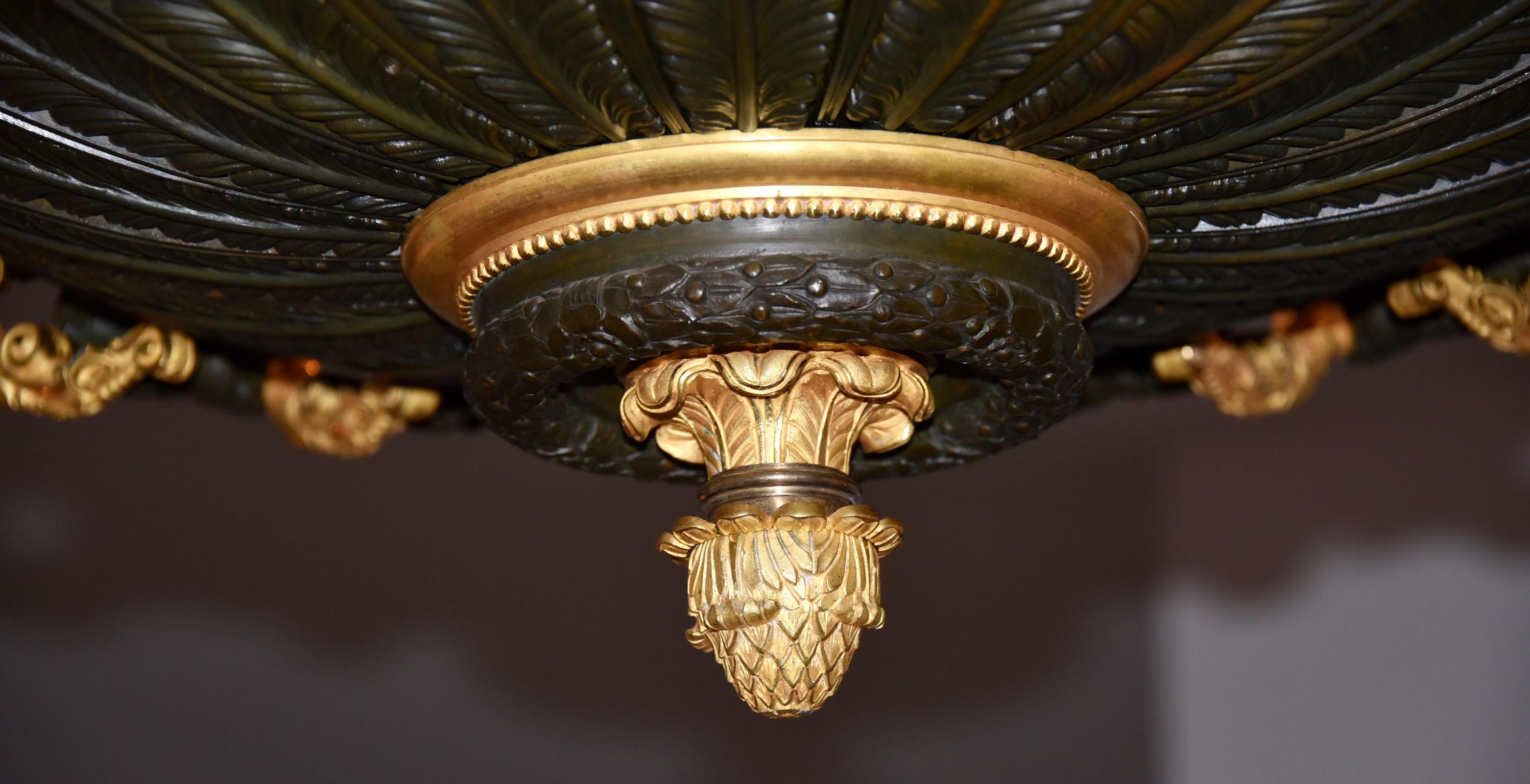 19th Century Rare Gilt Bronze Chandelier, Attributed to Galle, Charles X, 18-Light Arms, 1820 For Sale