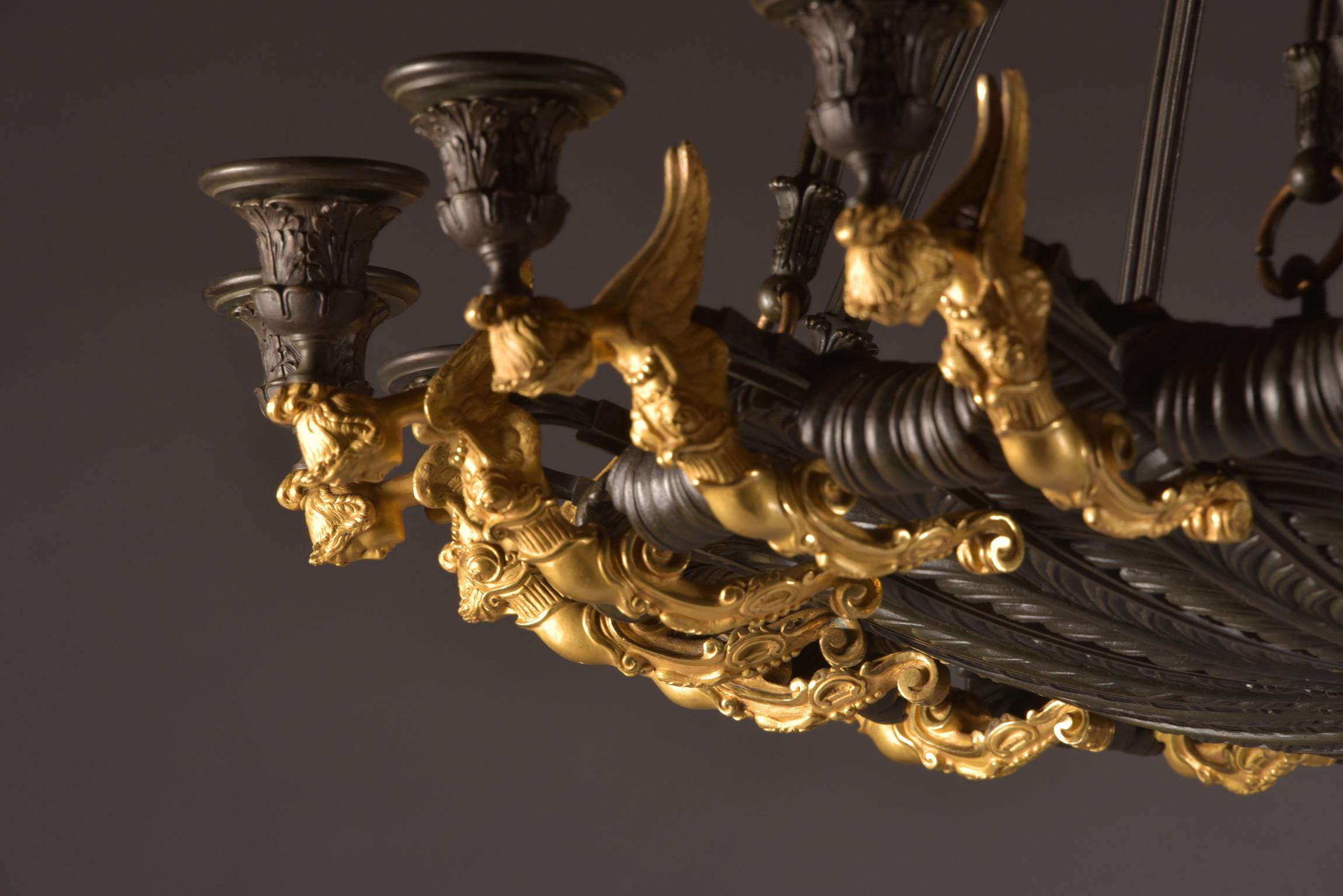 Rare Gilt Bronze Chandelier, Attributed to Galle, Charles X, 18-Light Arms, 1820 For Sale 4