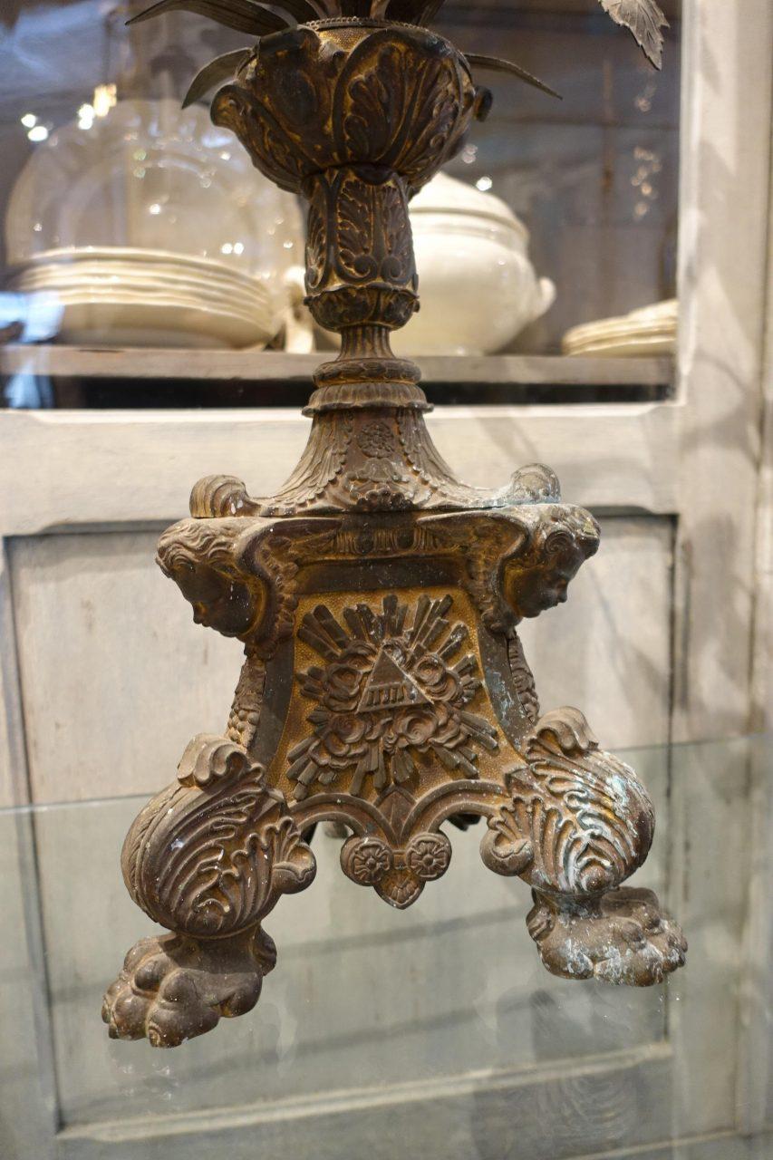 French Rare Gilt Bronze Church Candelabra, Porcelain Flowers