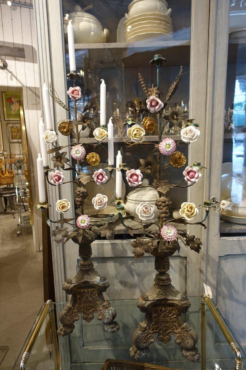 Rare Gilt Bronze Church Candelabra, Porcelain Flowers In Good Condition In Copenhagen K, DK