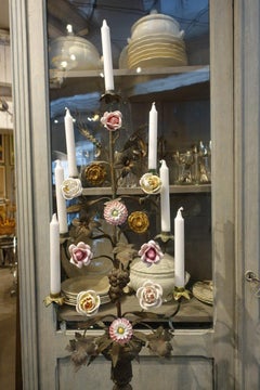 Rare Gilt Bronze Church Candelabra, Porcelain Flowers