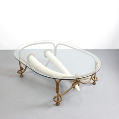 Rare Gilt bronze cord coffee table with resin horns and glass top - Emilio Rey -