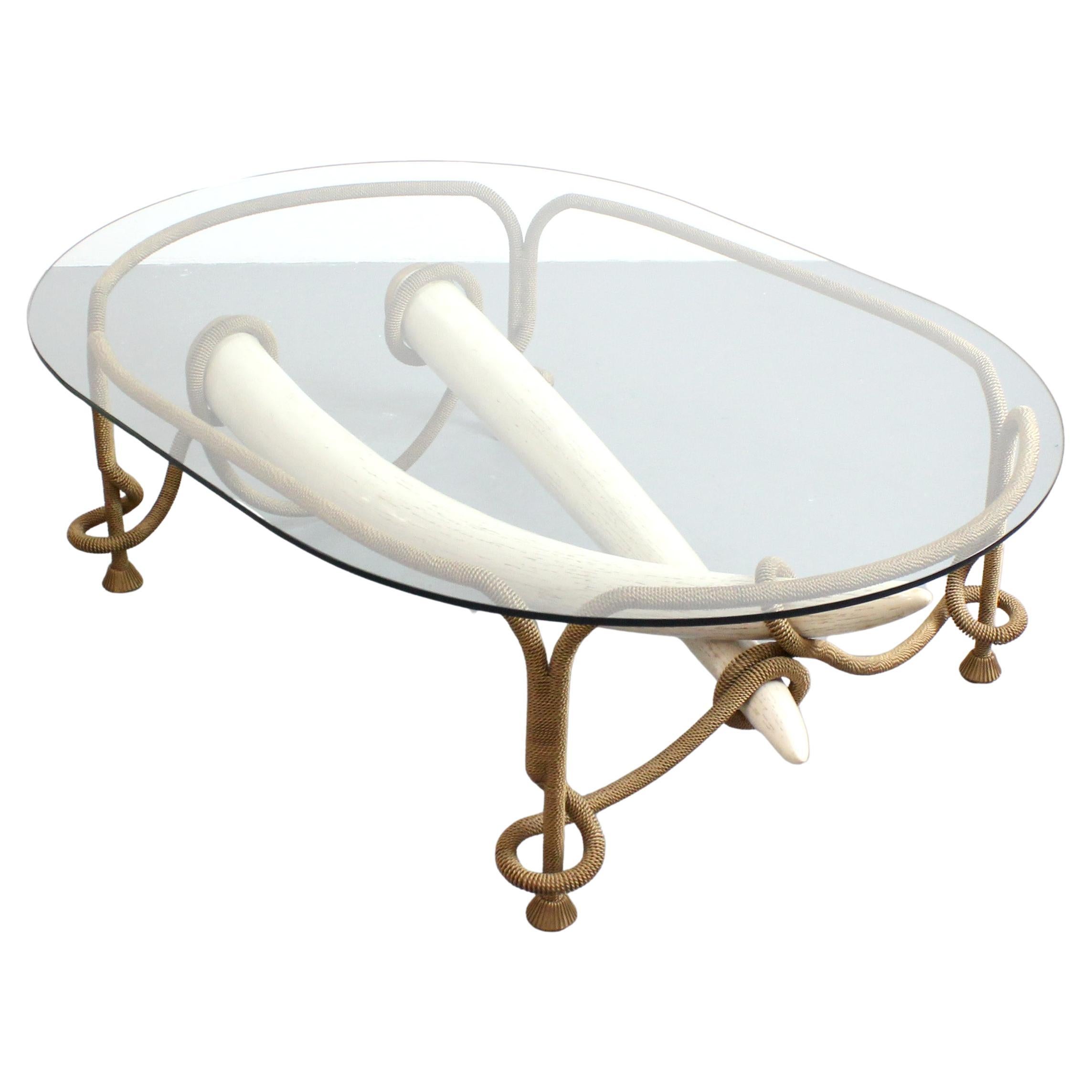 Rare Gilt bronze cord coffee table with resin horns and glass top - Emilio Rey - For Sale