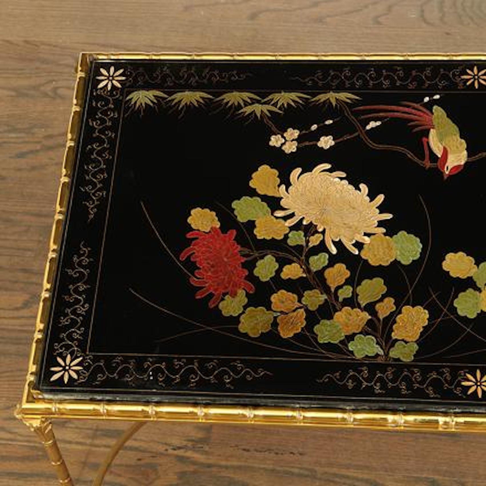 Rare Gilt Bronze Faux Bamboo Coffee Table by Maison Baguès with Floral Motifs In Good Condition For Sale In Montreal, QC