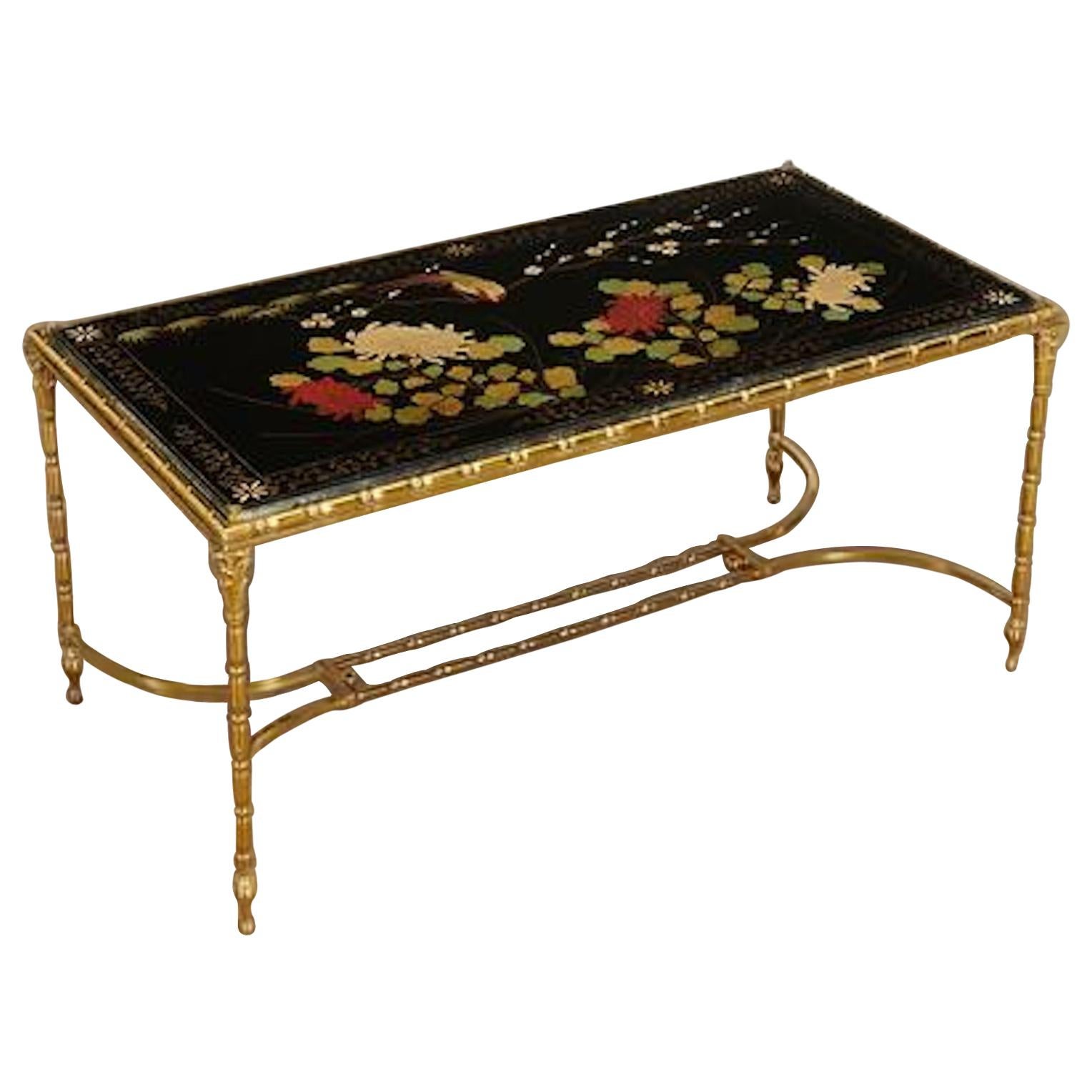 Rare Gilt Bronze Faux Bamboo Coffee Table by Maison Baguès with Floral Motifs