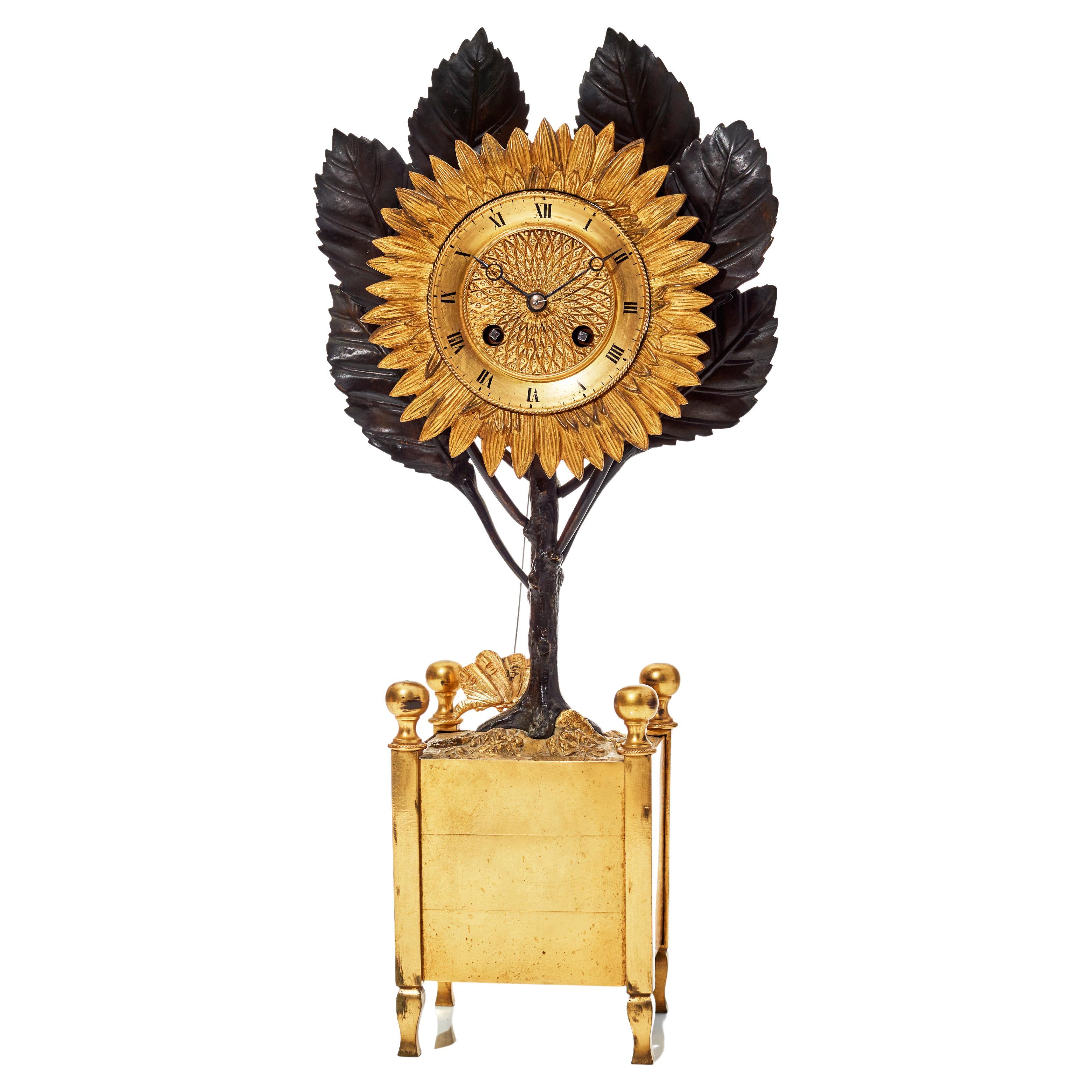 Rare Gilt-bronze French Empire Charles X Sunflower Mantel Clock