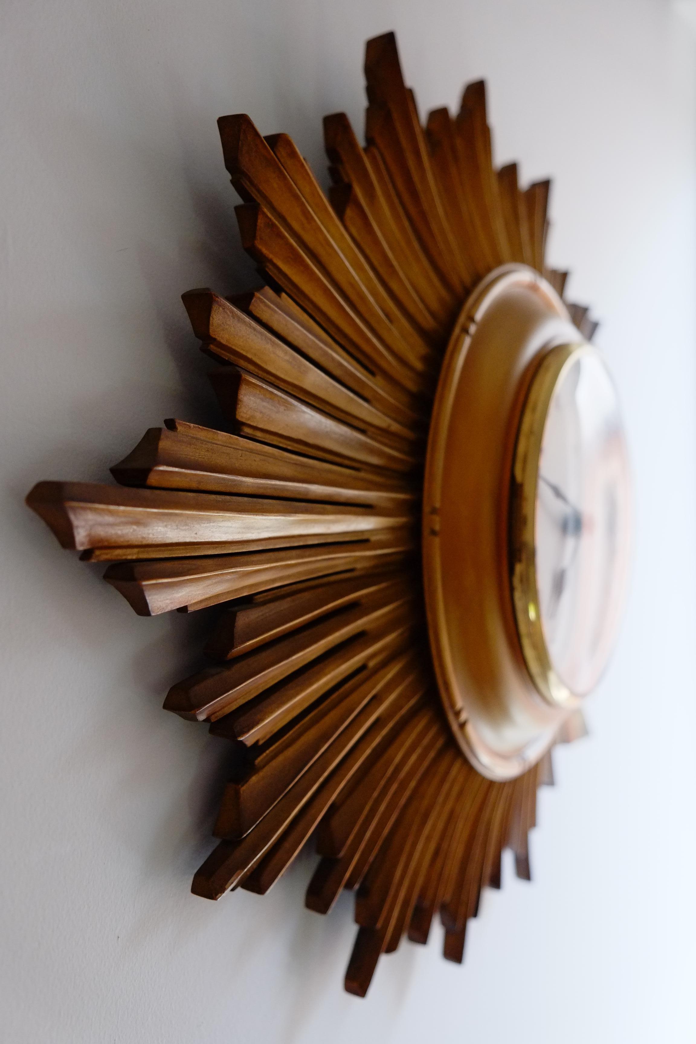 Beech Rare Gilt Wood Smiths Gold Sunburst Wall Clock. Made in England For Sale