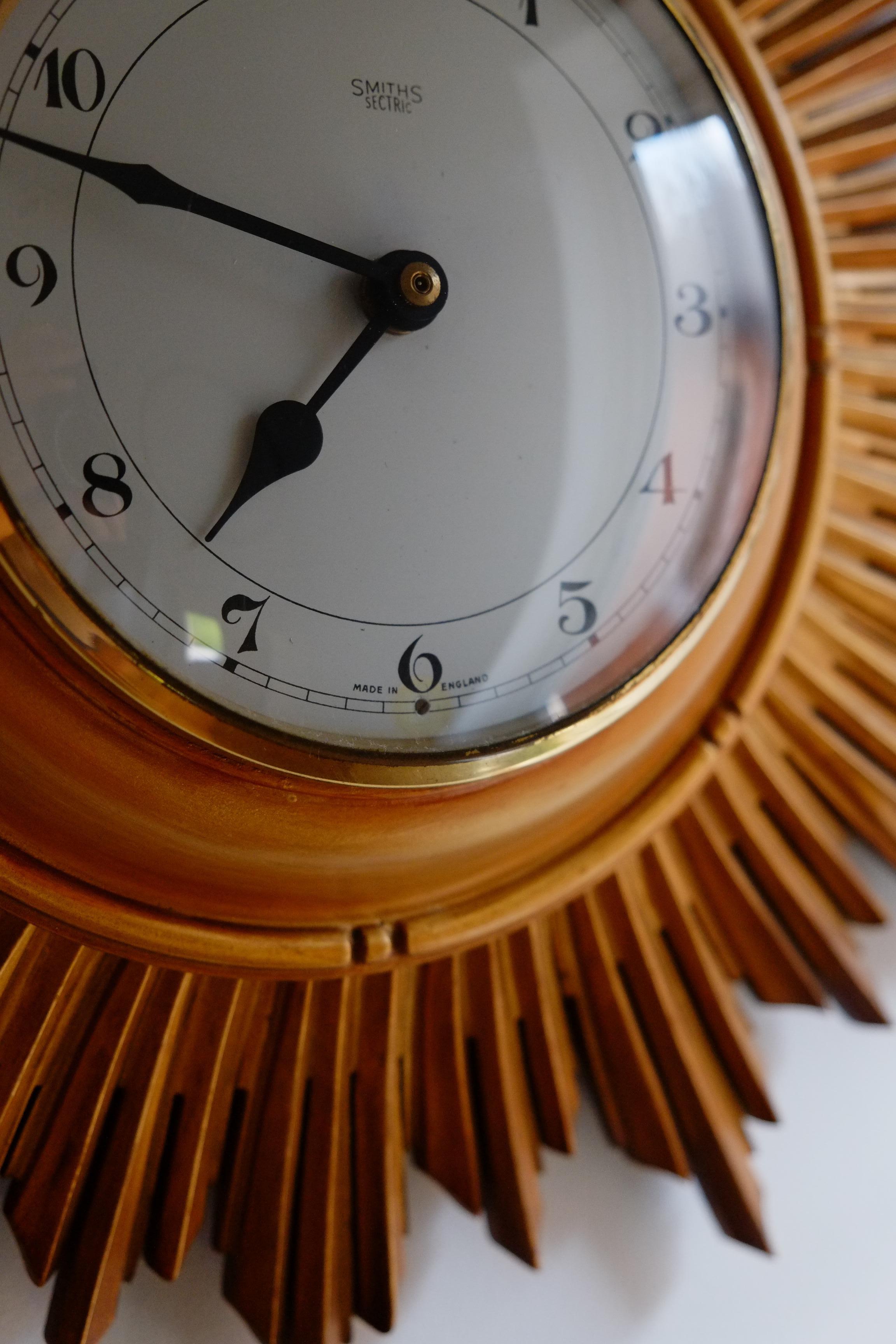 English Rare Gilt Wood Smiths Gold Sunburst Wall Clock. Made in England For Sale