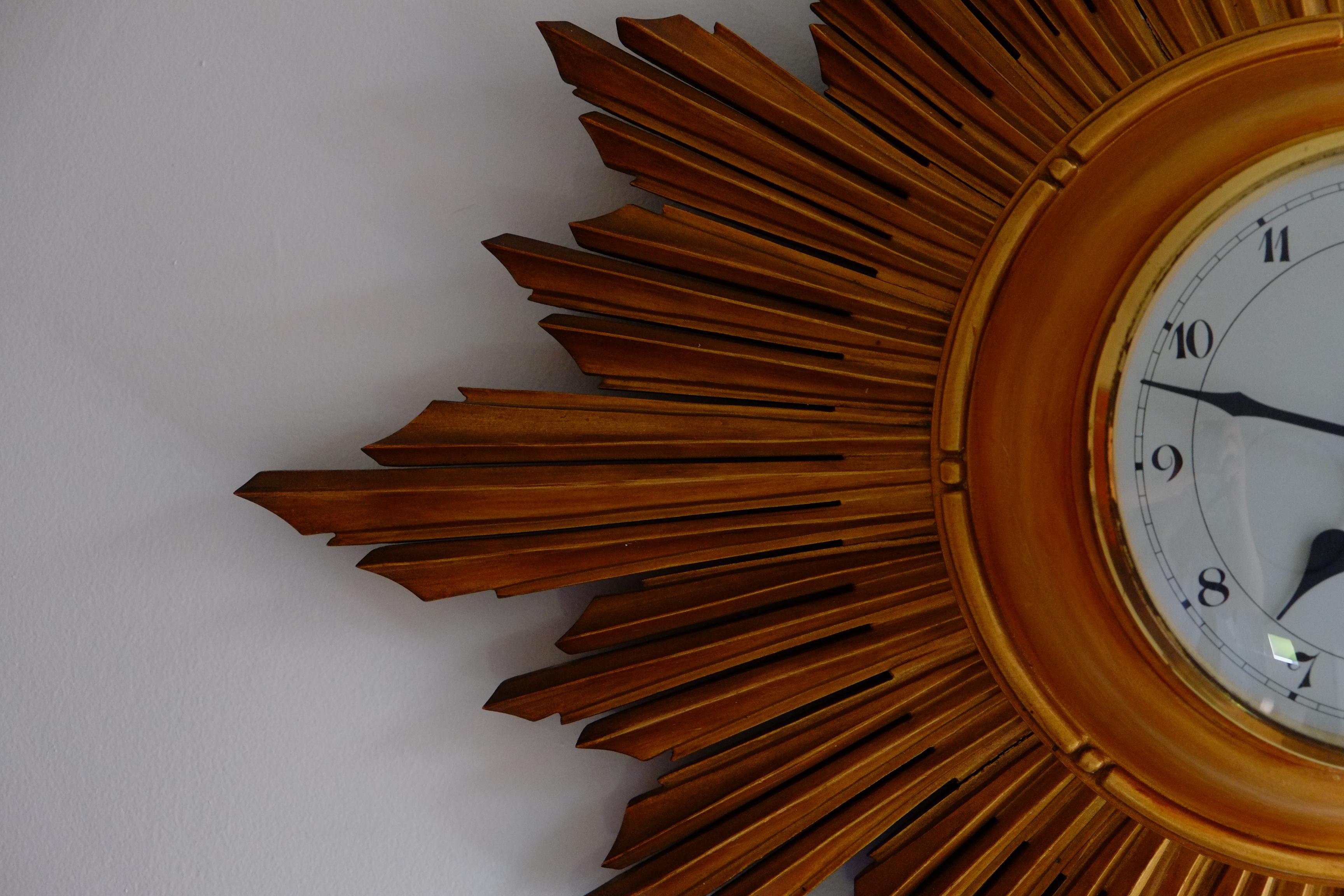 Carved Rare Gilt Wood Smiths Gold Sunburst Wall Clock. Made in England For Sale