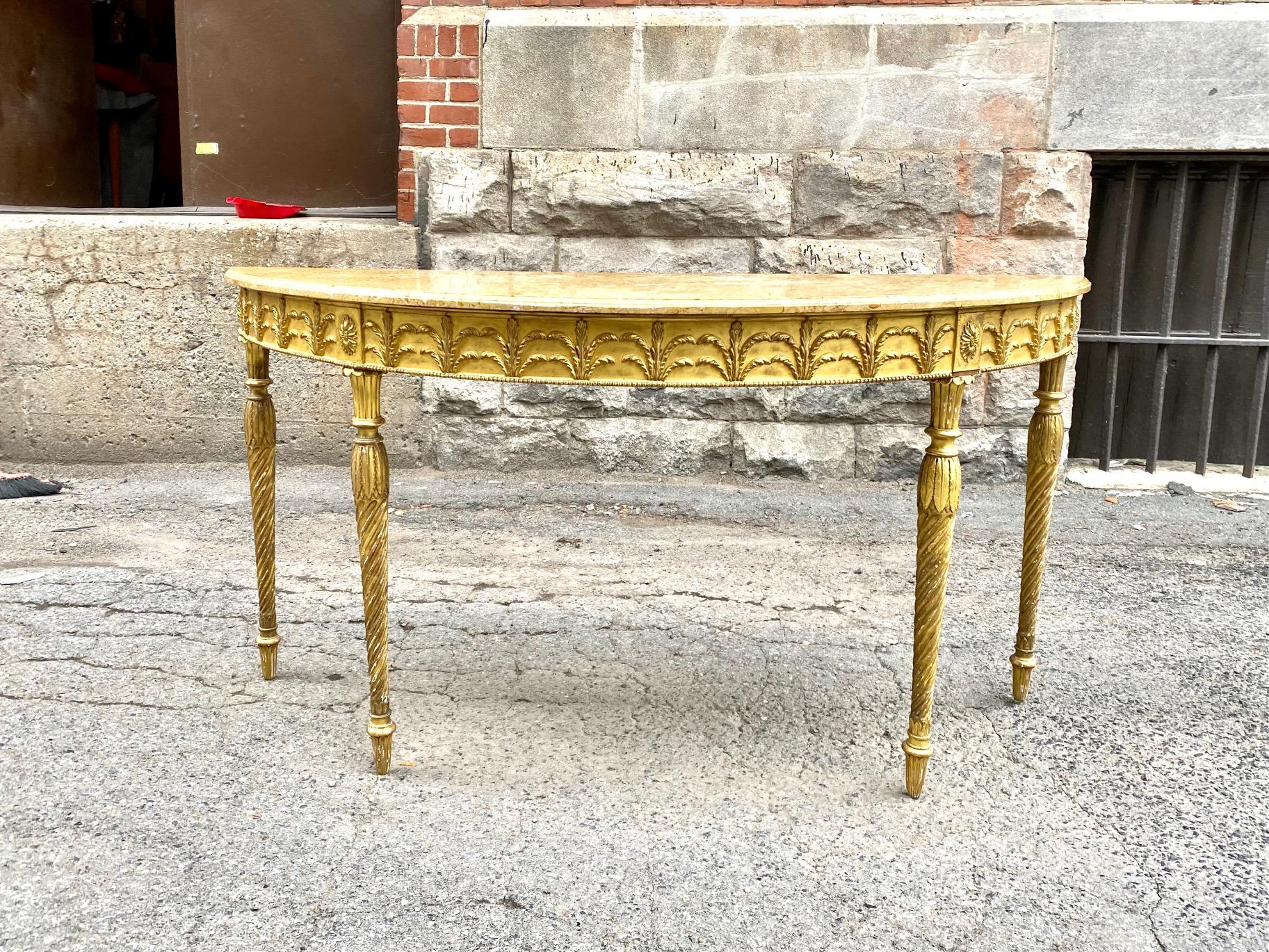 Rare Gilt wood Adam Period Demi Lune console table with Sienna Marble Top
Bearing the Tag Archer Cowley & Co Oxford.
