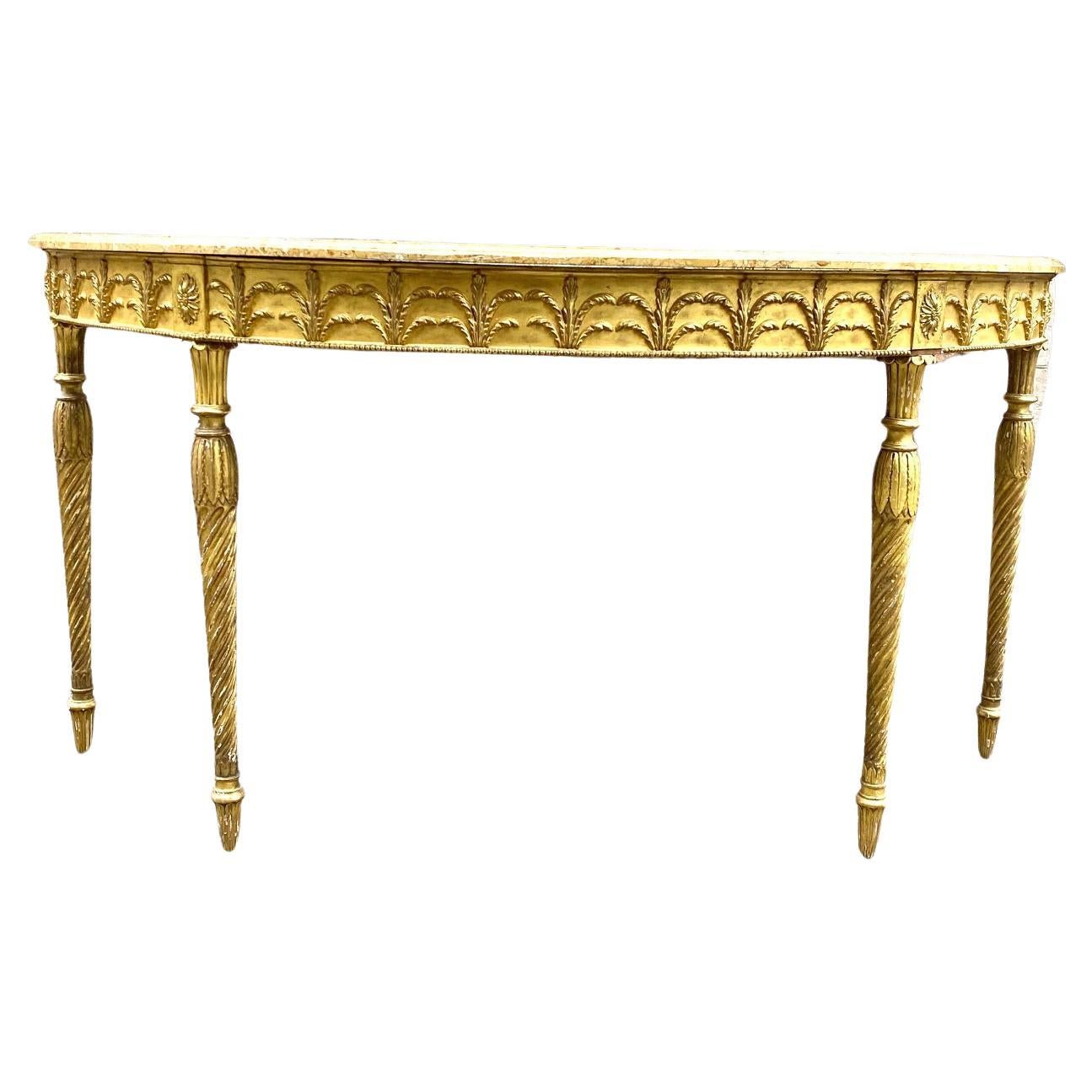 Rare table console Demi Lune en bois doré d'époque Adam avec plateau en marbre de Sienne