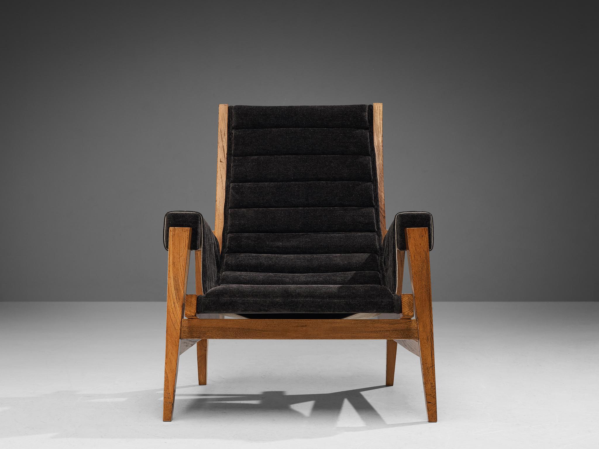 Rare Giulio Alchini Pair of Lounge Chairs in Elm and Black Chenille 4