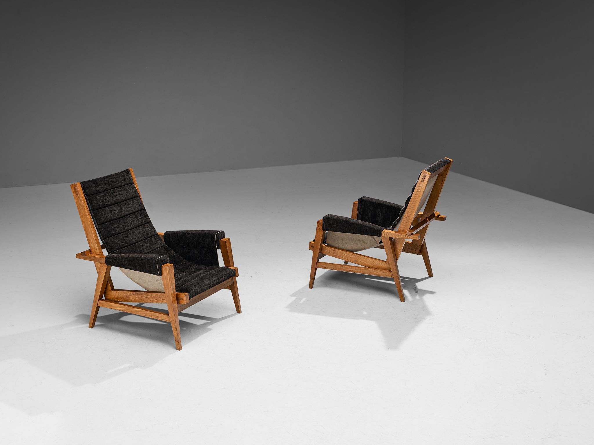 Rare Giulio Alchini Pair of Lounge Chairs in Elm and Black Chenille 6