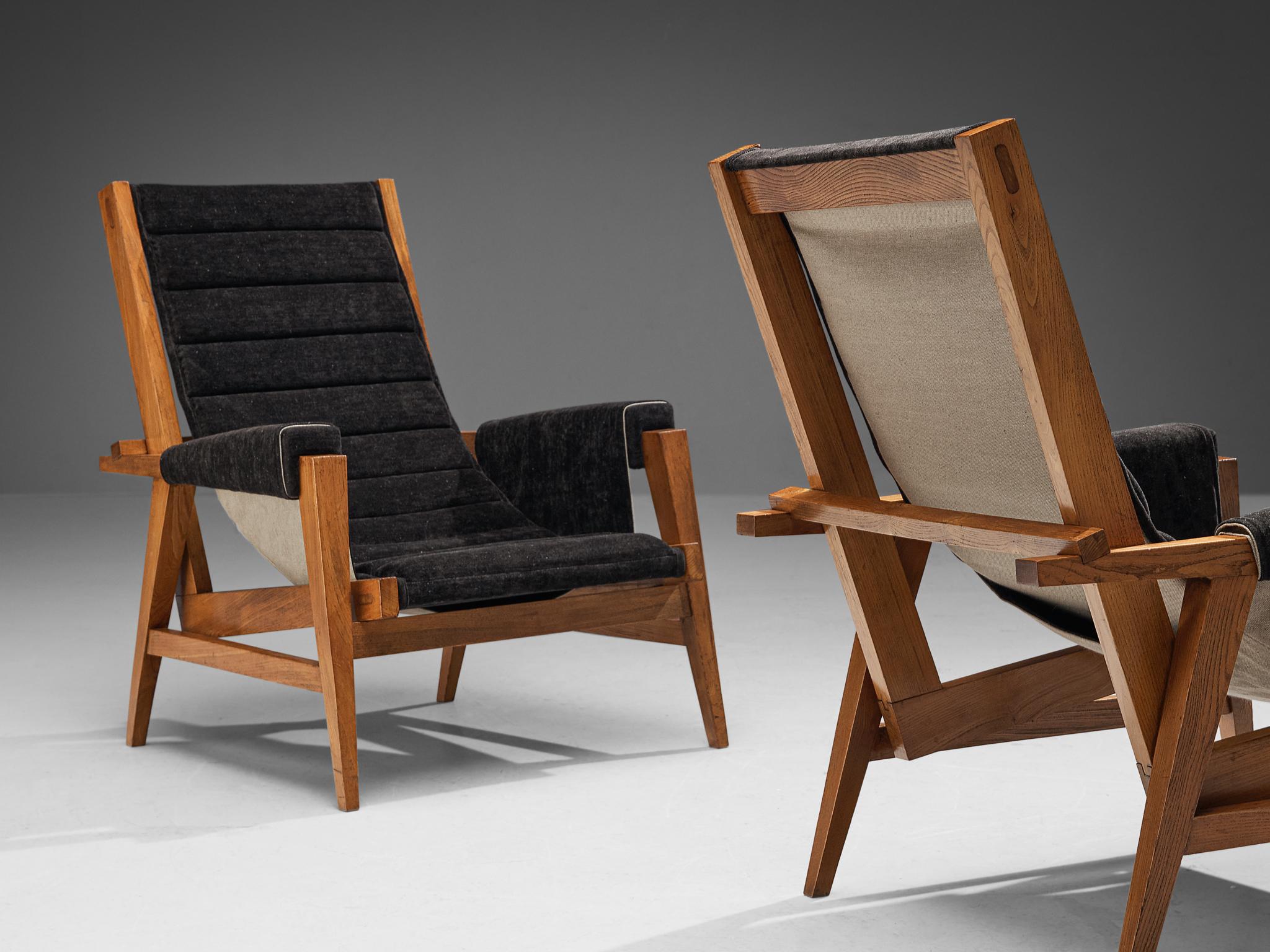 Mid-Century Modern Rare Giulio Alchini Pair of Lounge Chairs in Elm and Black Chenille