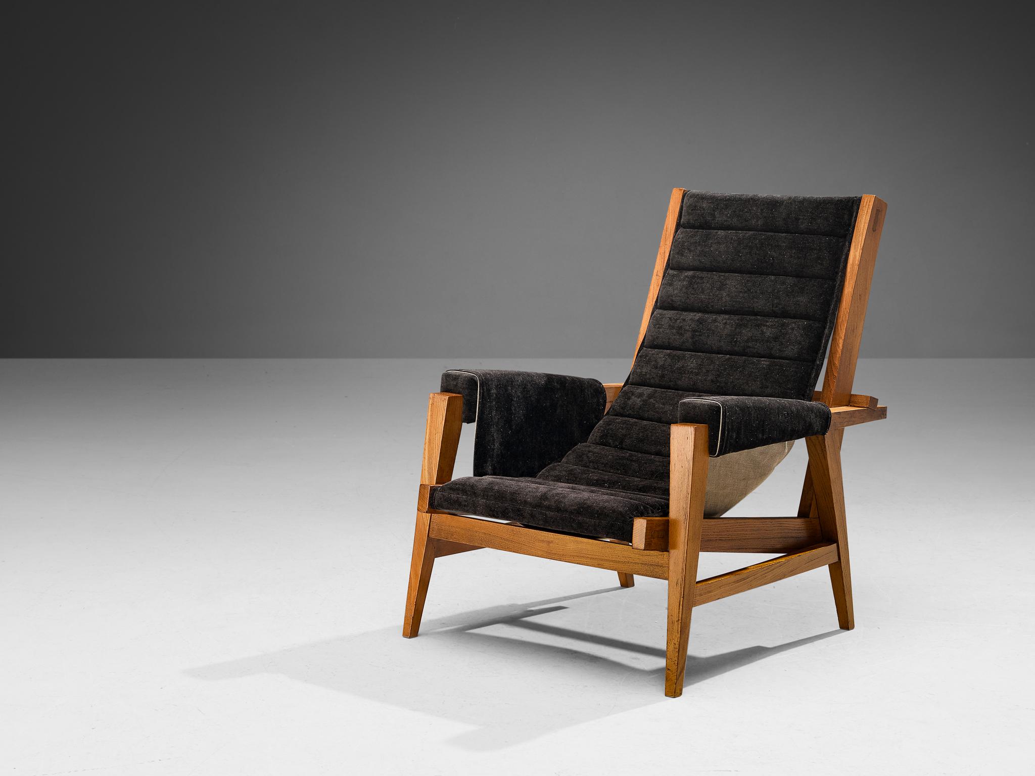 Rare Giulio Alchini Pair of Lounge Chairs in Elm and Black Chenille 2