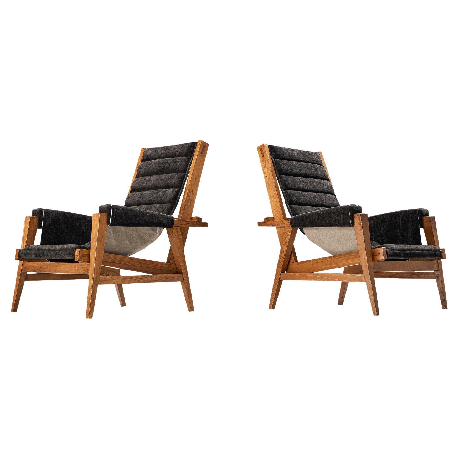 Rare Giulio Alchini Pair of Lounge Chairs in Elm and Black Chenille