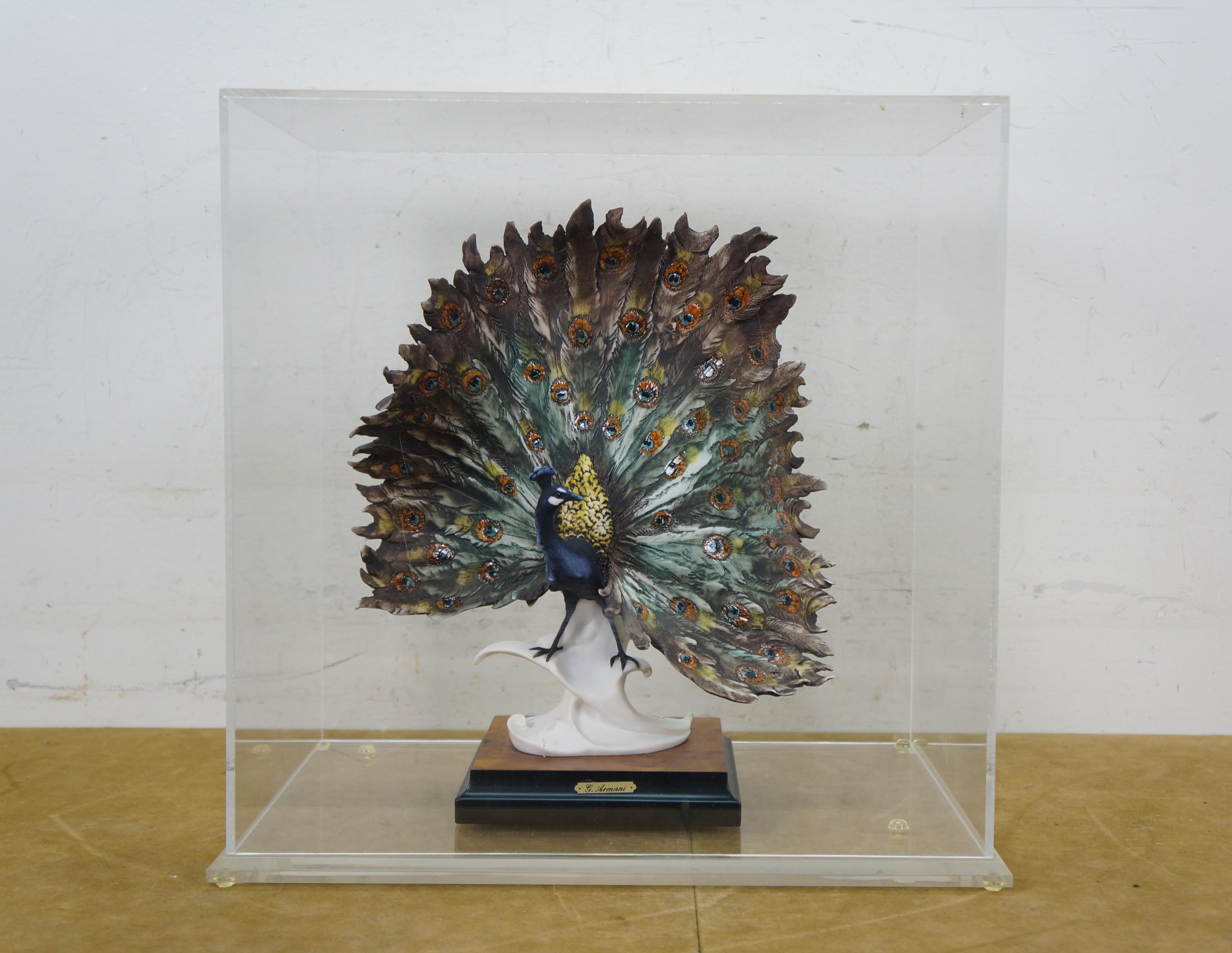 Rare Giuseppe Armani Signed Capodimonte Peacock 0720 Figurine & Shadowbox Case For Sale 8