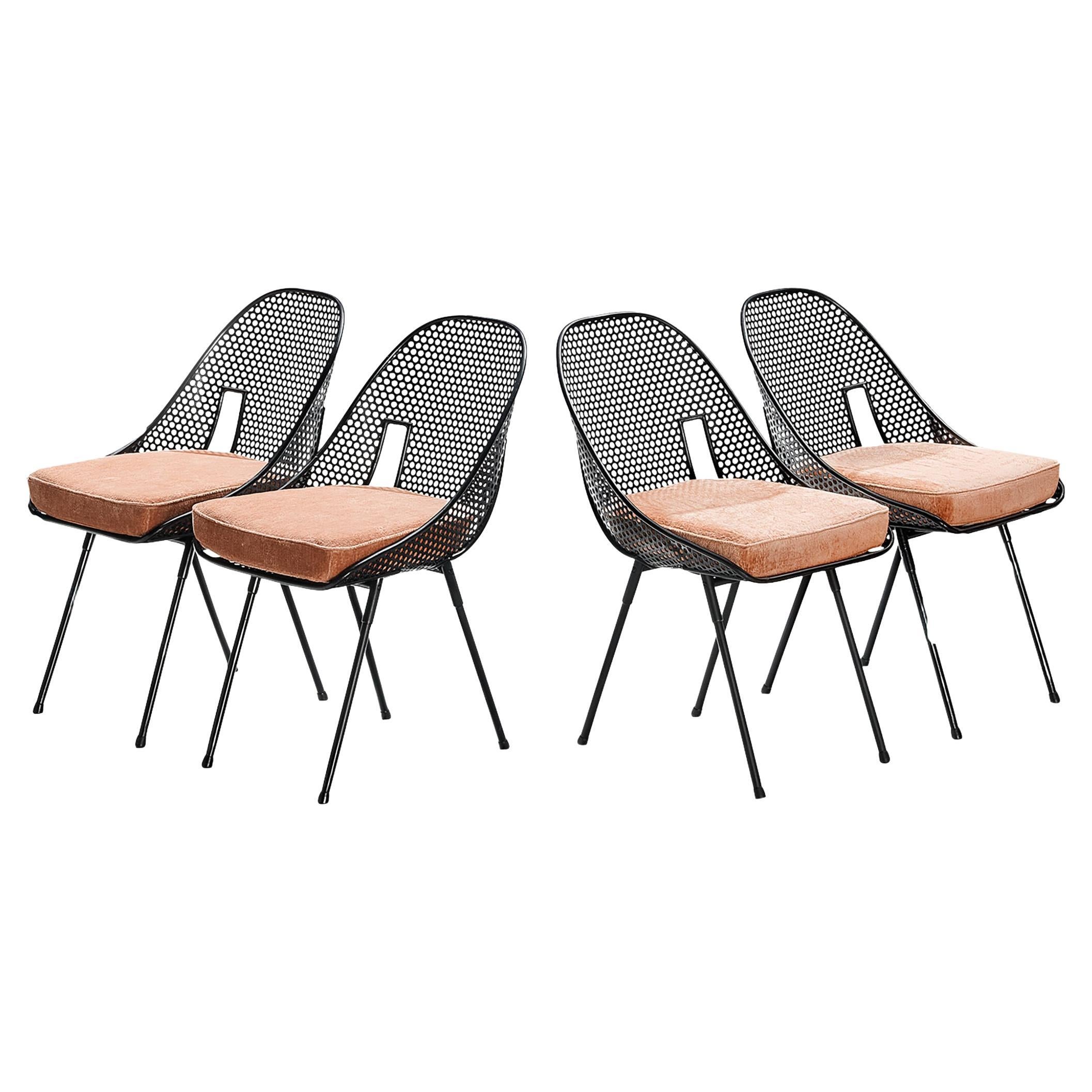 Rare Giuseppe De Vivo Set of Four Dining Chairs in Black Perforated Metal  For Sale