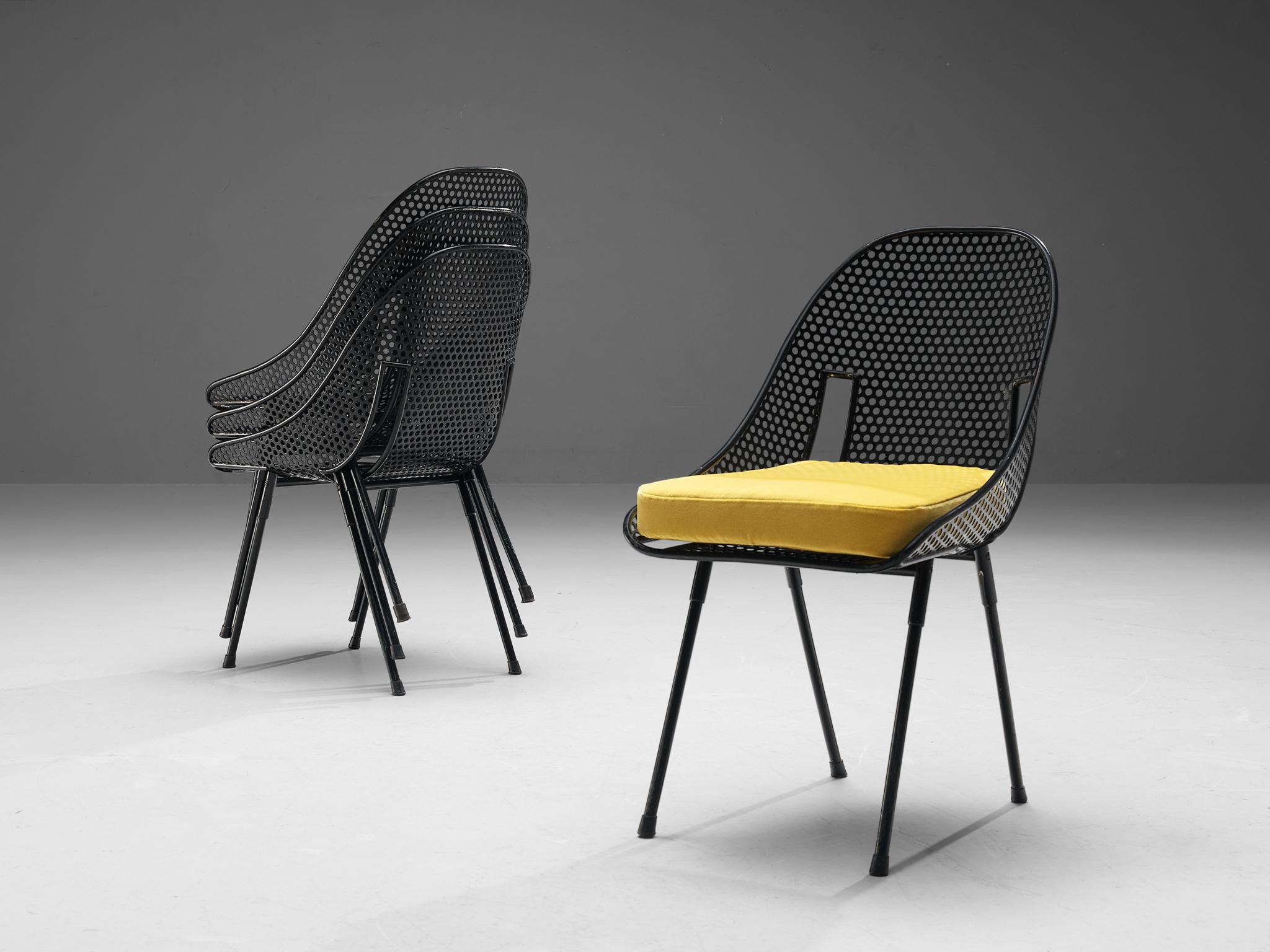 Italian Rare Giuseppe De Vivo Set of Six Chairs in Black Perforated Metal
