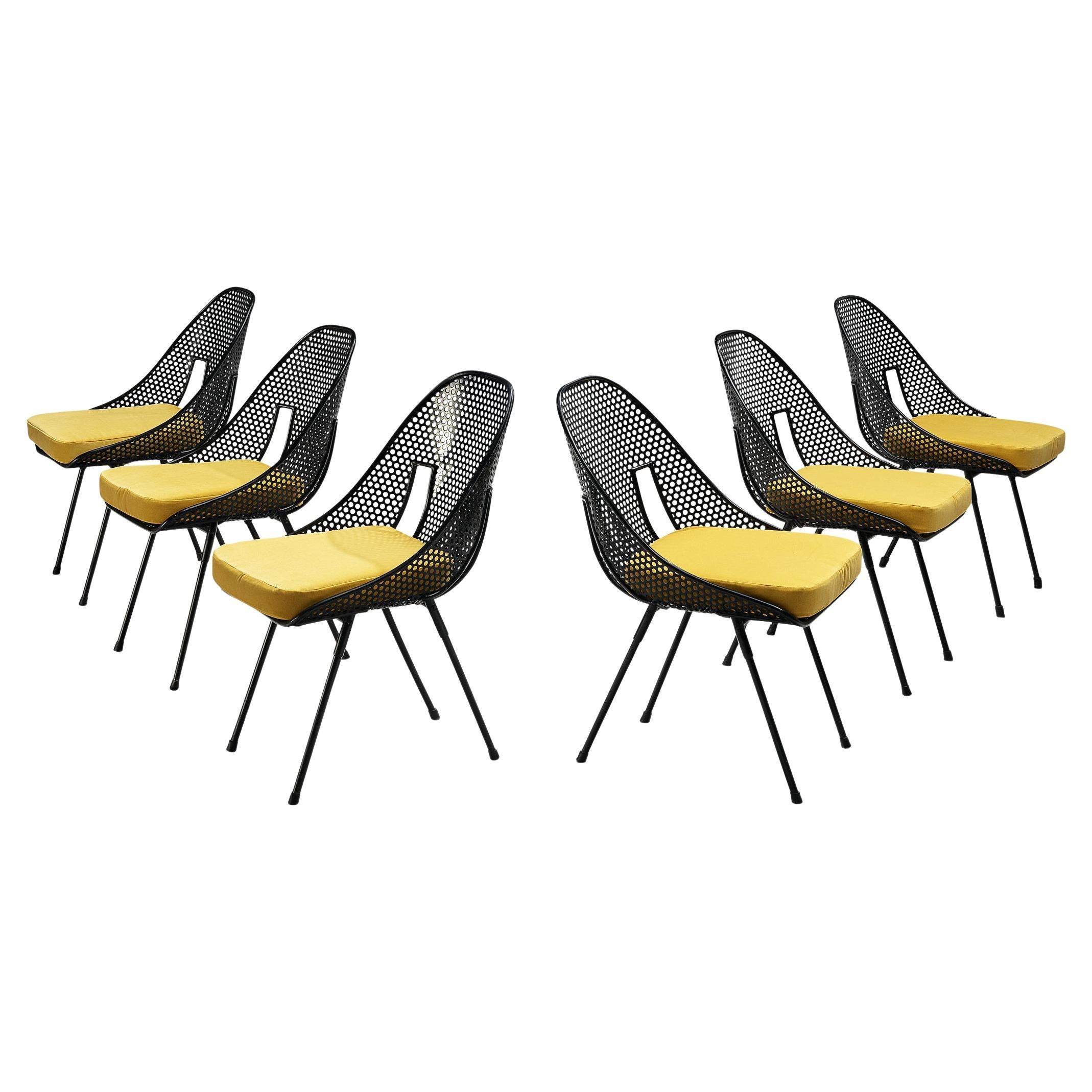 Rare Giuseppe De Vivo Set of Six Chairs in Black Perforated Metal