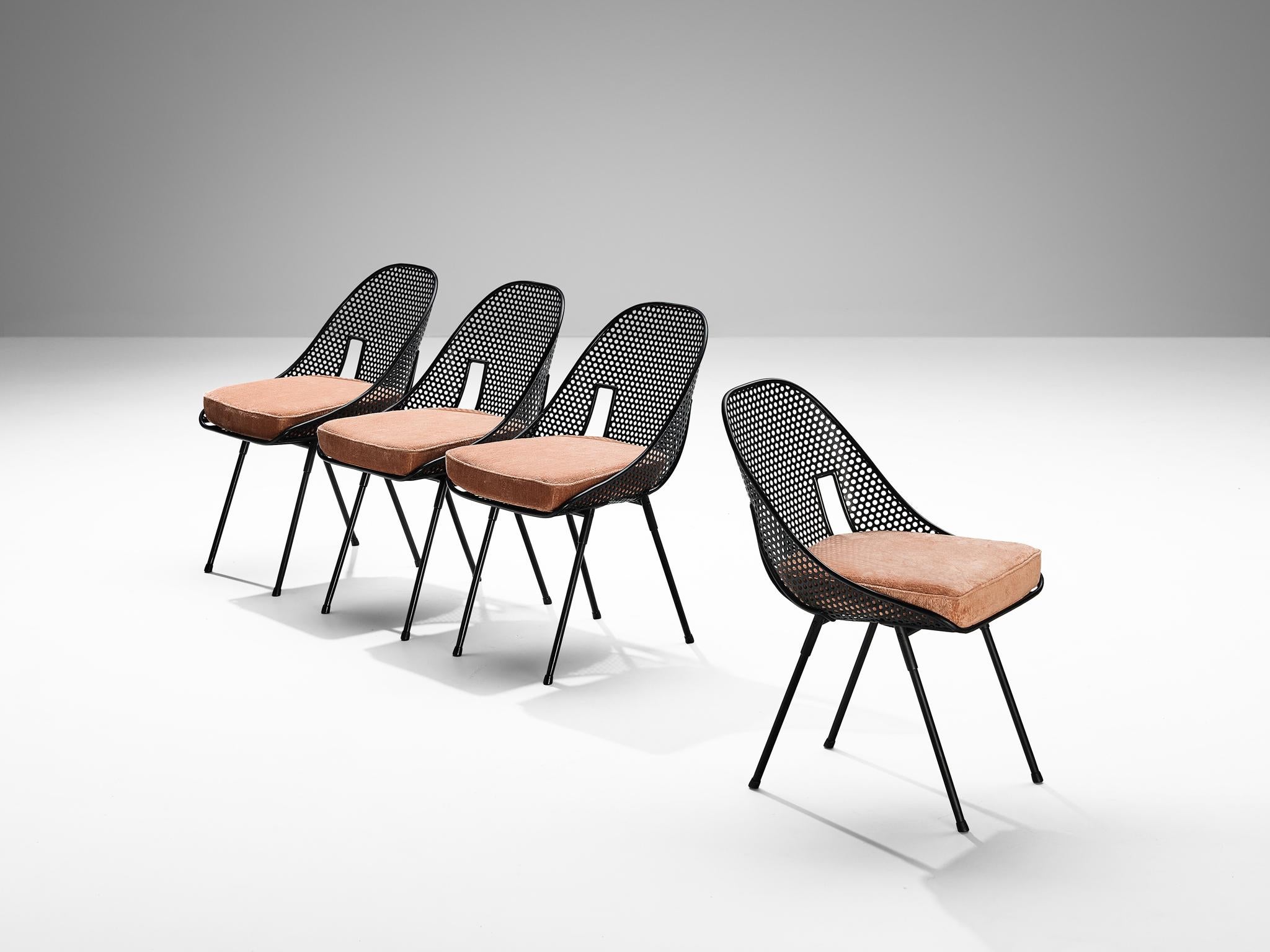Mid-Century Modern Rare Giuseppe De Vivo Set of Six Chairs in Black Perforated Metal  For Sale