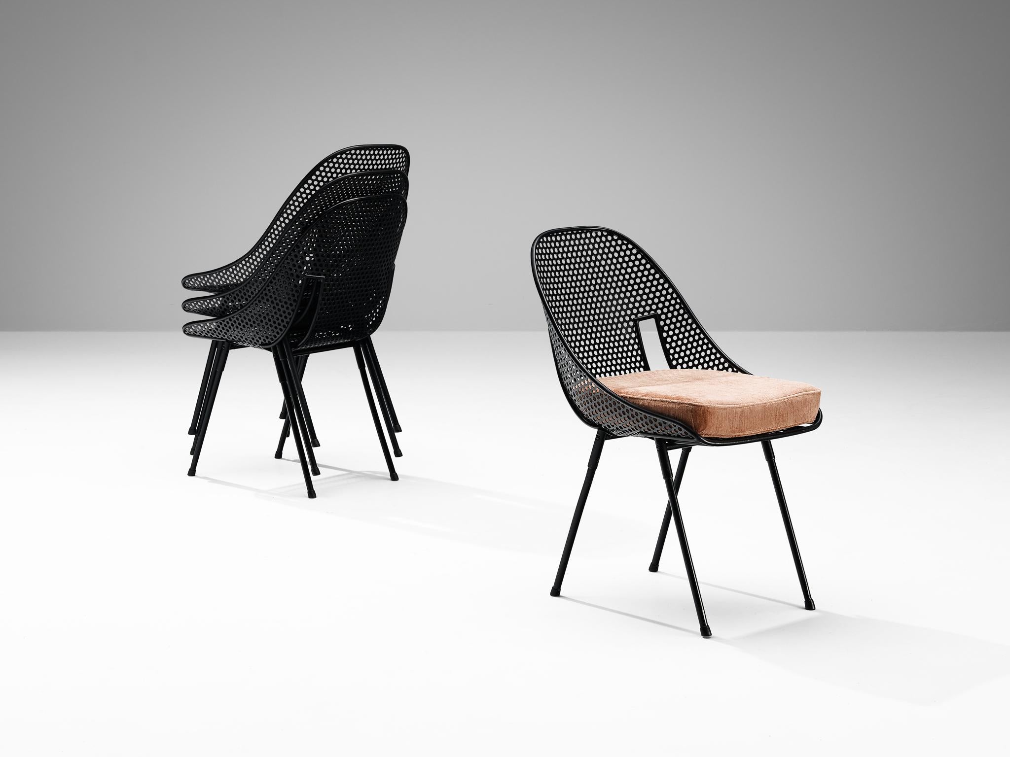 Italian Rare Giuseppe De Vivo Set of Six Chairs in Black Perforated Metal 