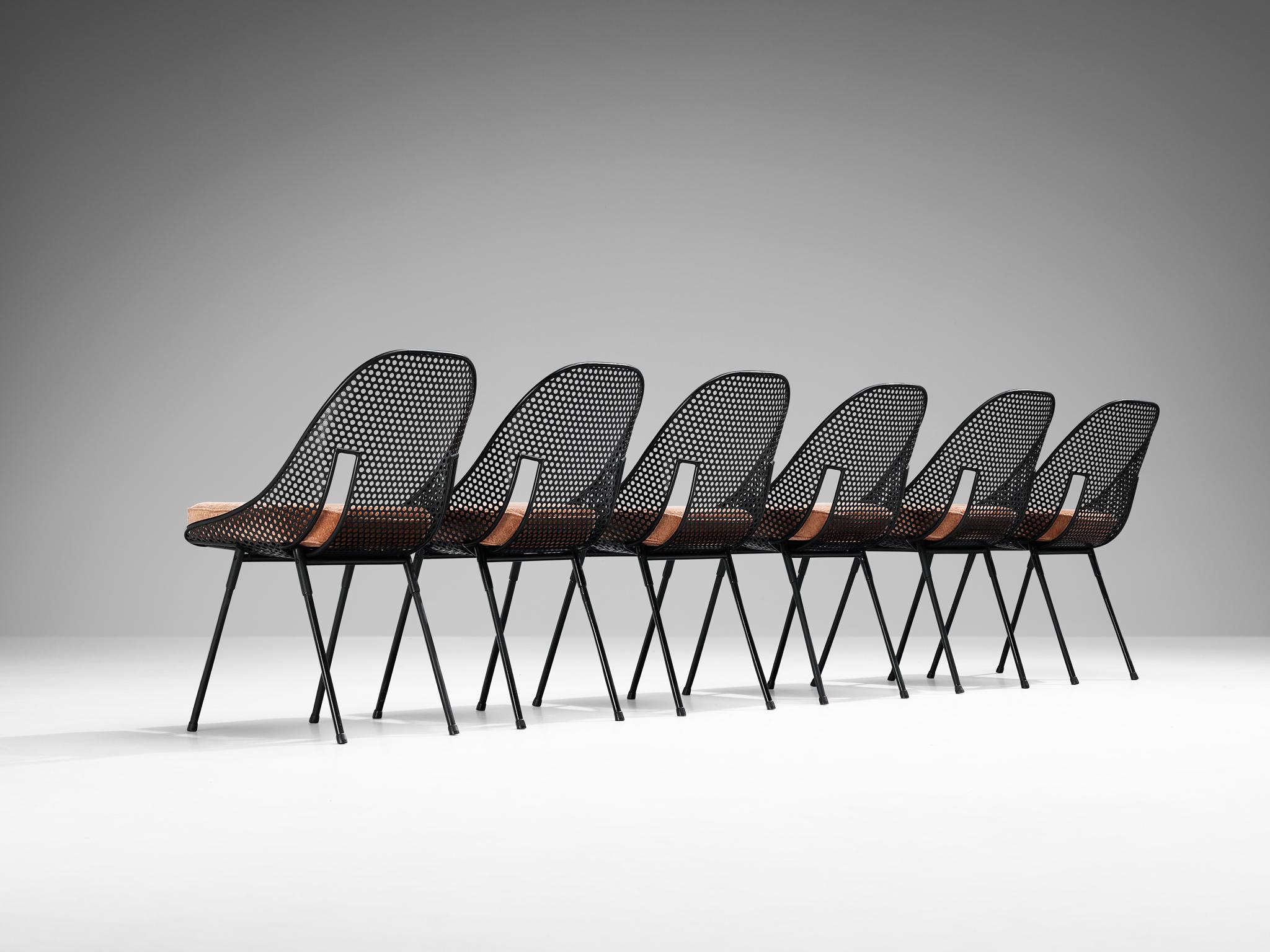 Rare Giuseppe De Vivo Set of Six Chairs in Black Perforated Metal In Good Condition In Waalwijk, NL