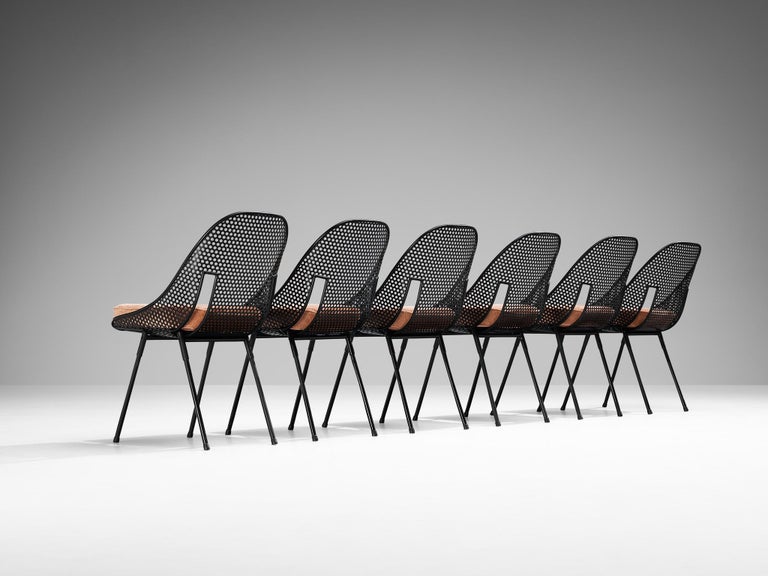 Rare Giuseppe De Vivo Set of Six Chairs in Black Perforated Metal In Good Condition For Sale In Waalwijk, NL