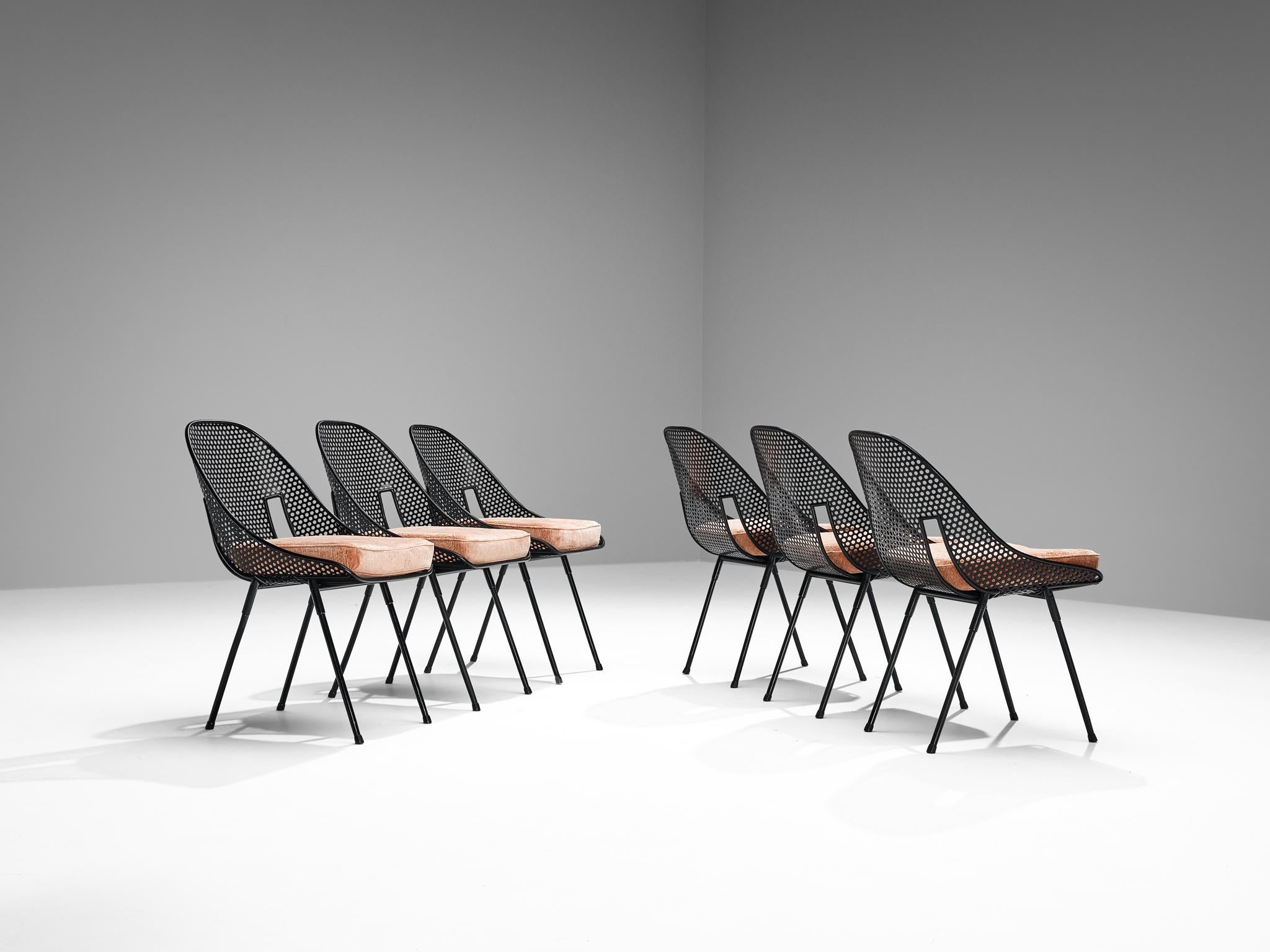 Rare Giuseppe De Vivo Set of Six Chairs in Black Perforated Metal  1