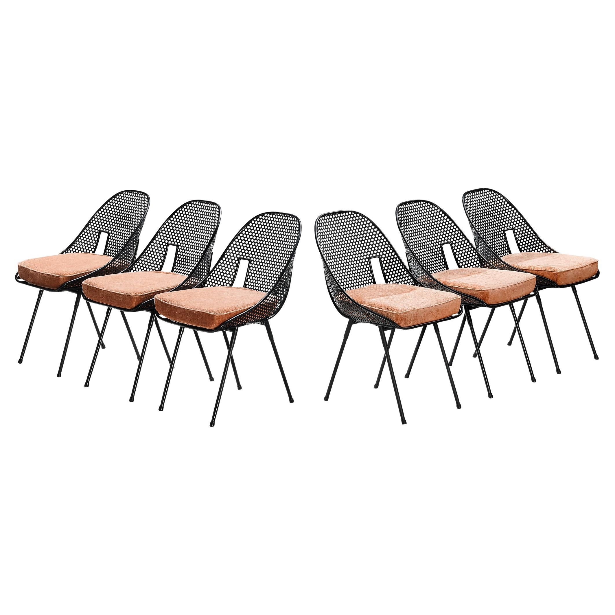 Rare Giuseppe De Vivo Set of Six Chairs in Black Perforated Metal
