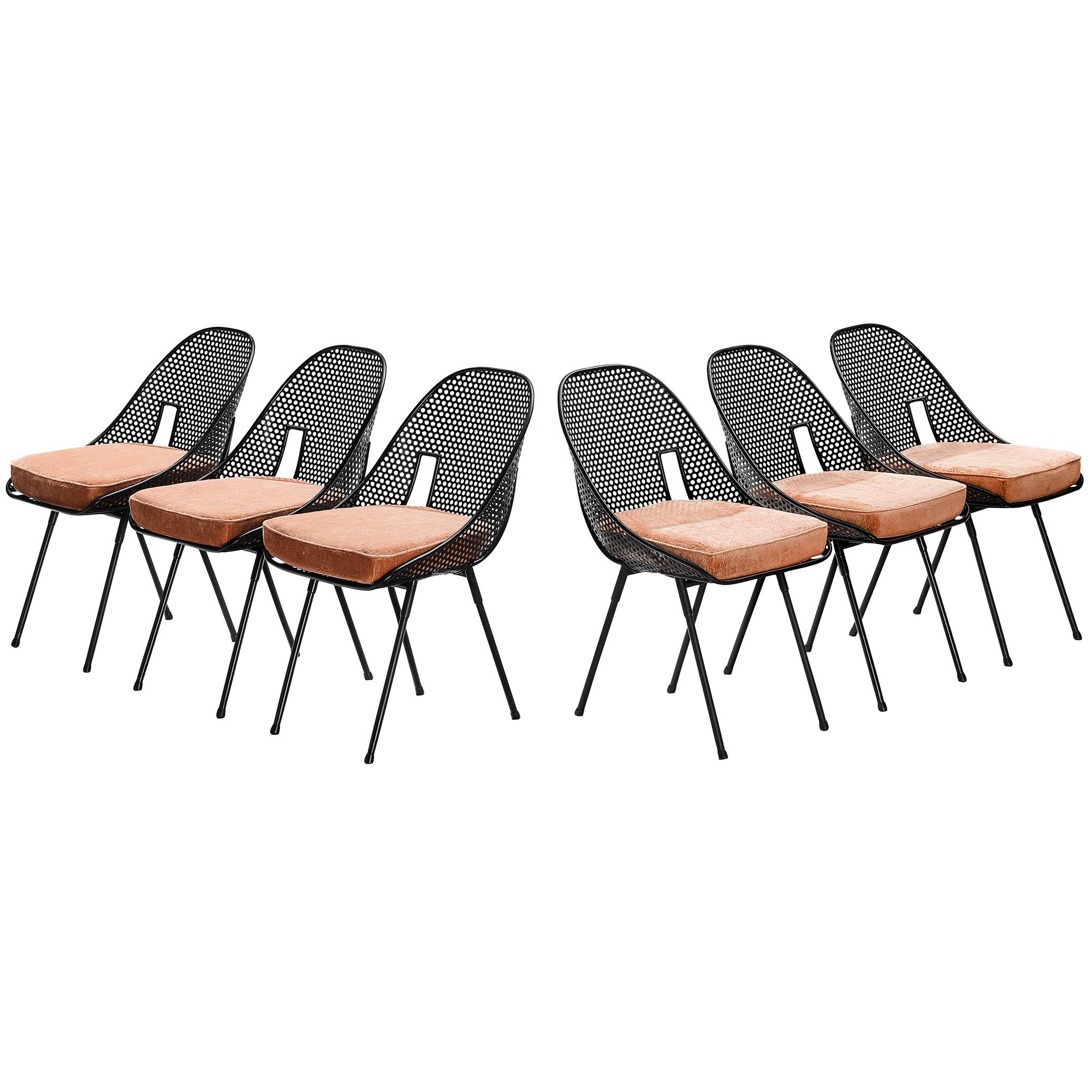 Rare Giuseppe De Vivo Set of Six Chairs in Black Perforated Metal 