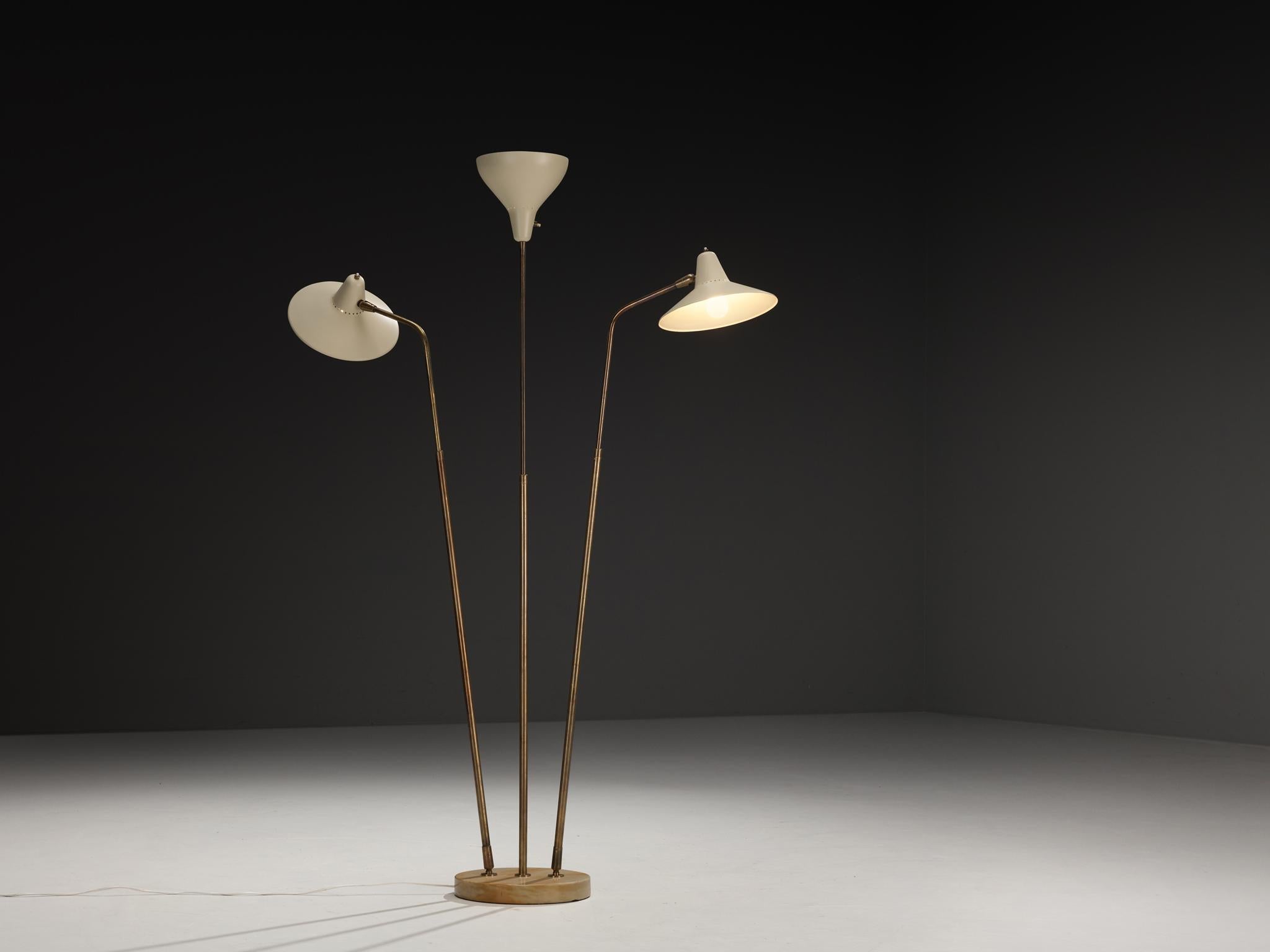 Giuseppe Ostuni for O-Luce, floor lamp, model ’339/3’, enameled aluminum, brass, marble, Italy, 1952

Designed by Giuseppe Ostuni for O-Luce in 1952, this floor lamp shows a beautiful balance between functionality and sculptural presence that