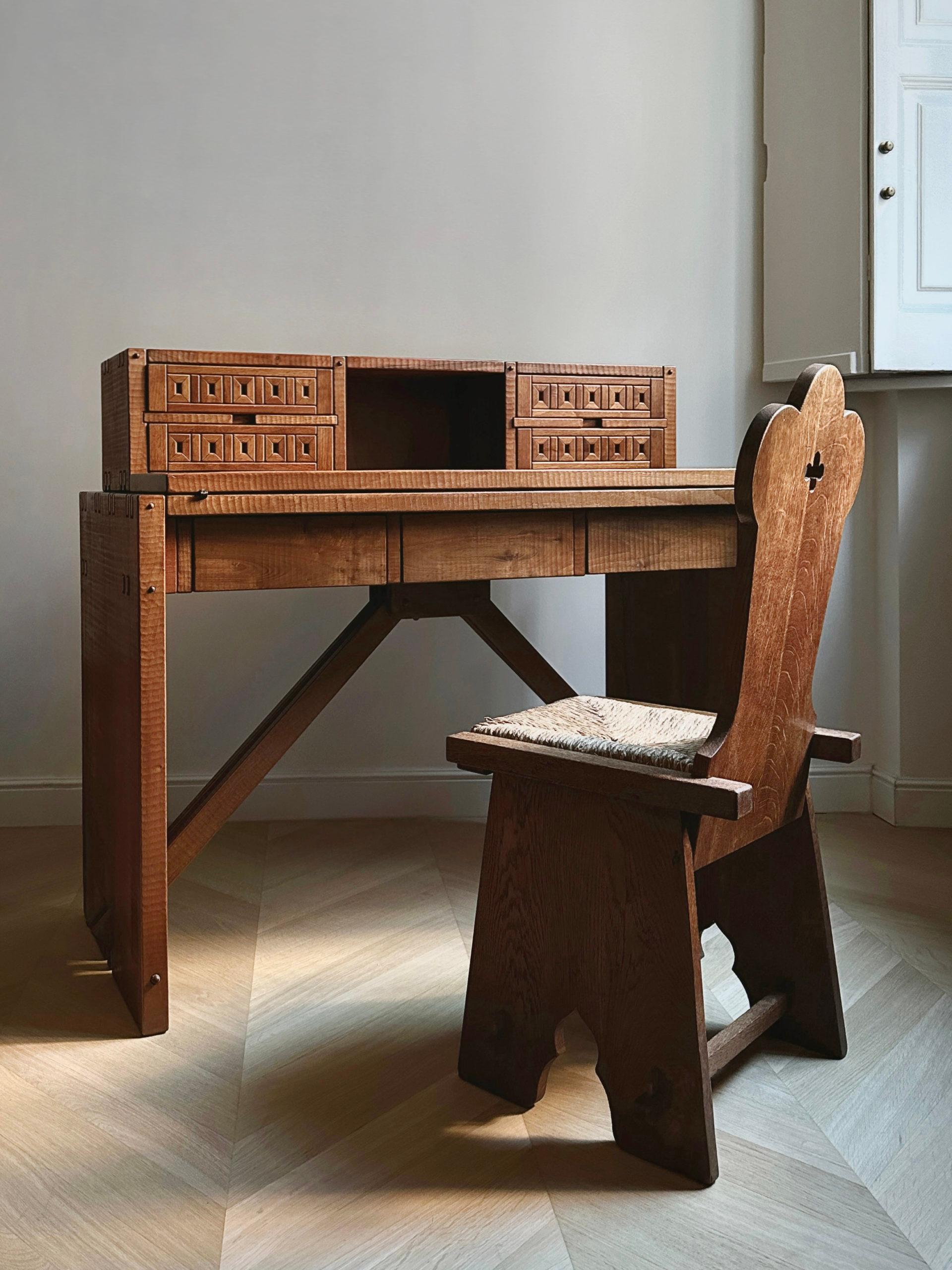 This stunning one of a kind folding desk embodies a striking textured surface that is hand carved by gouge cut in walnut. It gives the piece its distinctive aesthetic that Rivadossi is known for. Bold and beautiful wood joinery details are present