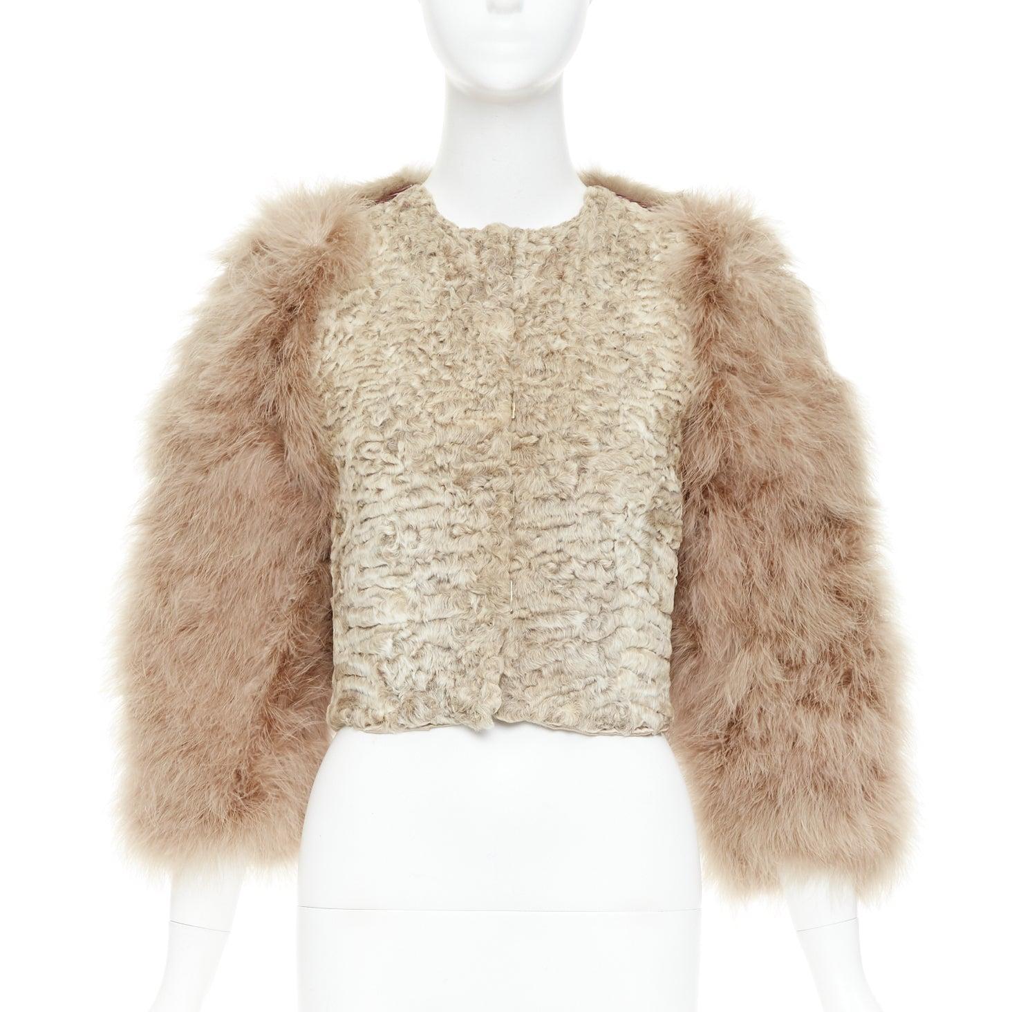 rare GIVENCHY beige Astrakan fur feather sleeves cropped bolero jacket Beige en venta