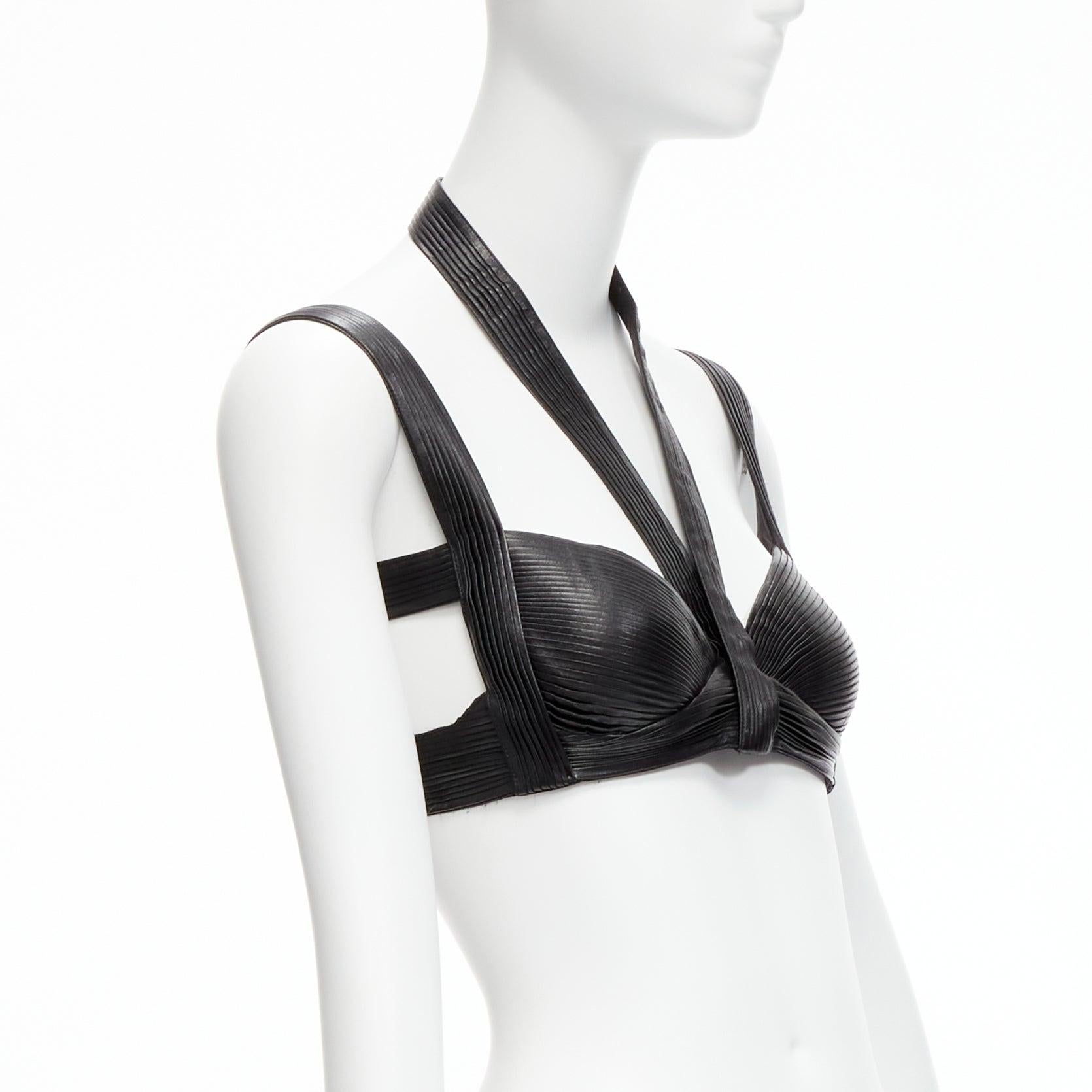 Black rare GIVENCHY Riccardo Tisci 2014 Runway black pleated leather harness bra top For Sale