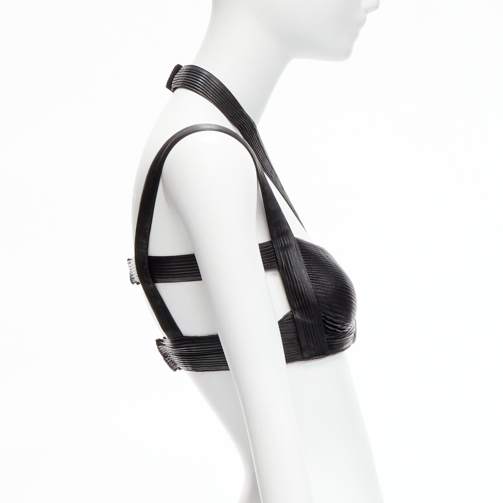 rare GIVENCHY Riccardo Tisci 2014 Runway black pleated leather harness bra top In Good Condition For Sale In Hong Kong, NT