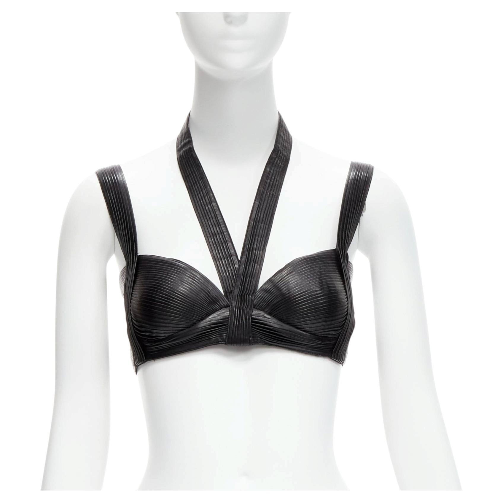 rare GIVENCHY Riccardo Tisci 2014 Runway black pleated leather harness bra top For Sale