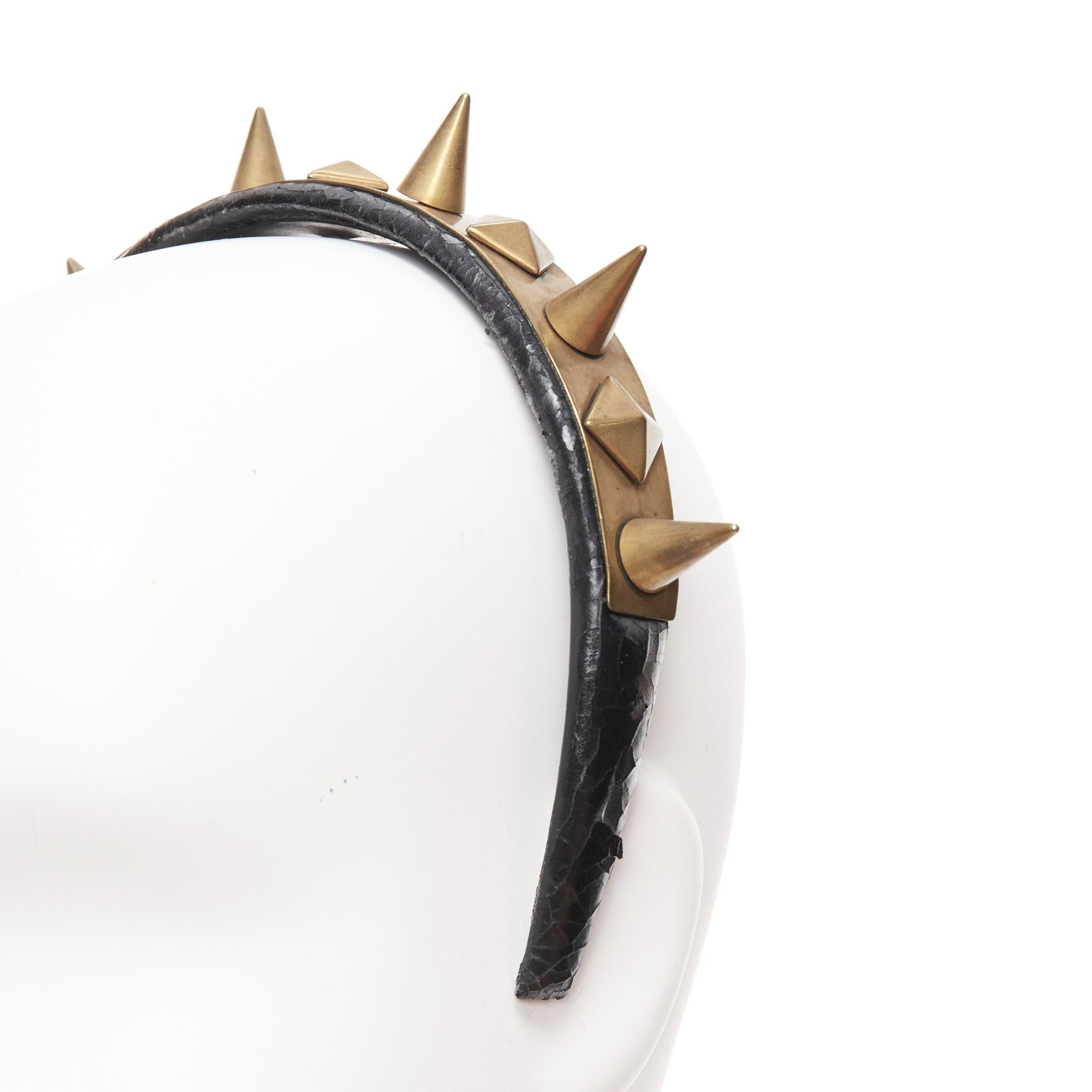 Gray rare GIVENCHY Riccardo Tisci antique gold spike black leather headband For Sale