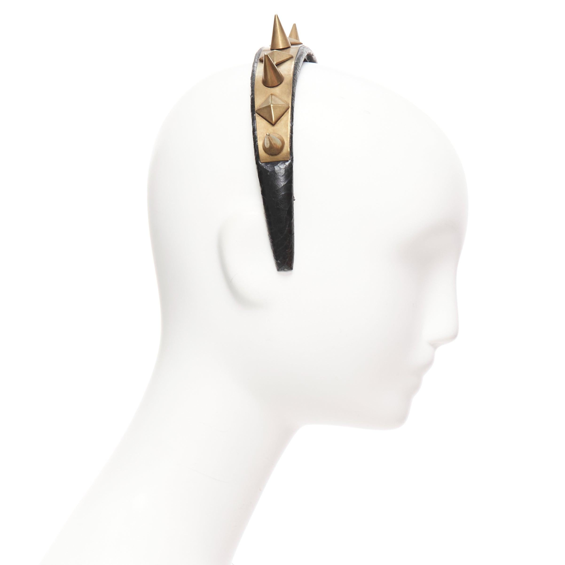 rare GIVENCHY Riccardo Tisci antique gold spike black leather headband In Fair Condition For Sale In Hong Kong, NT